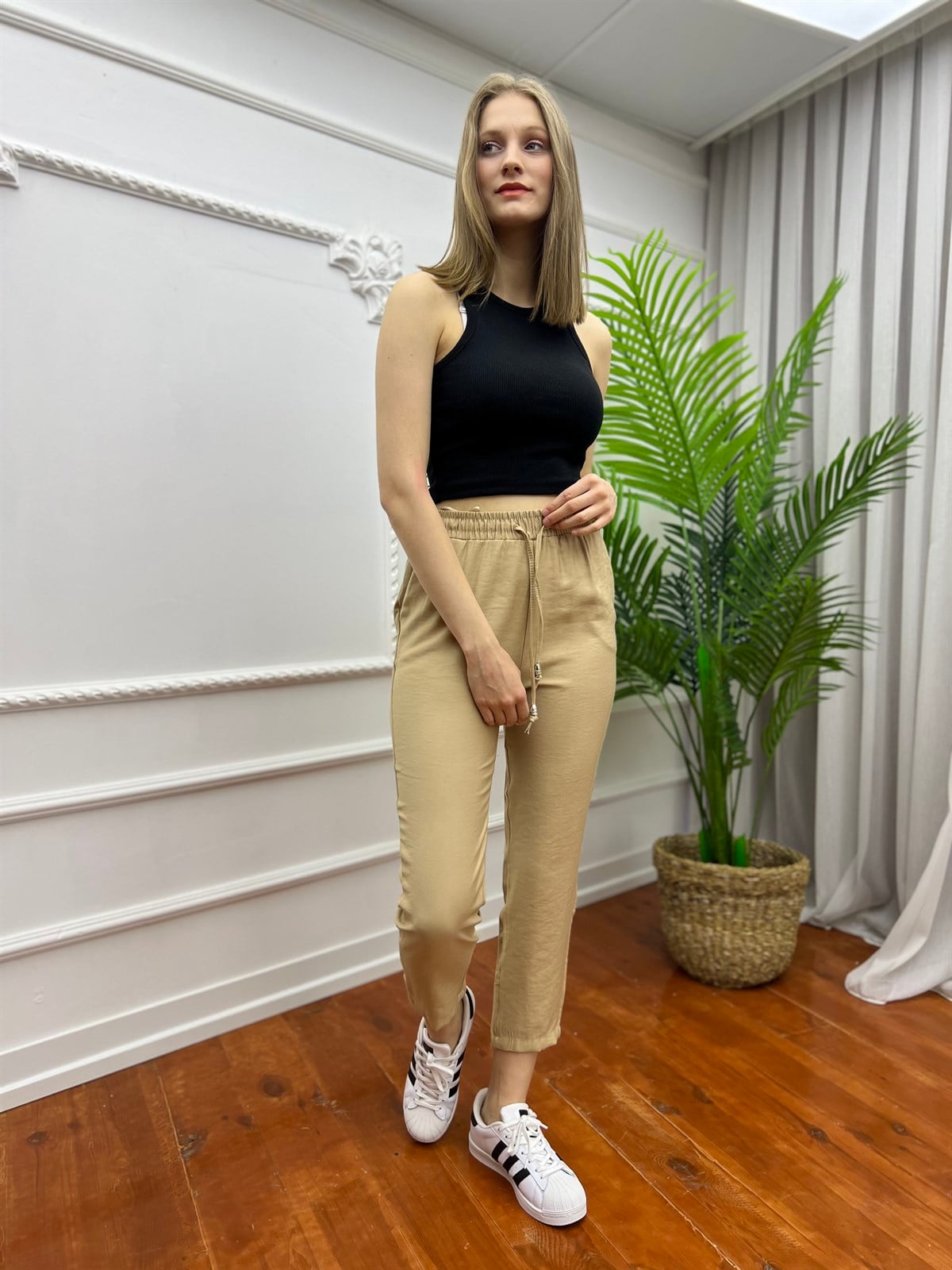Büyük Beden Tensel Beli Lastikli Pantolon Camel