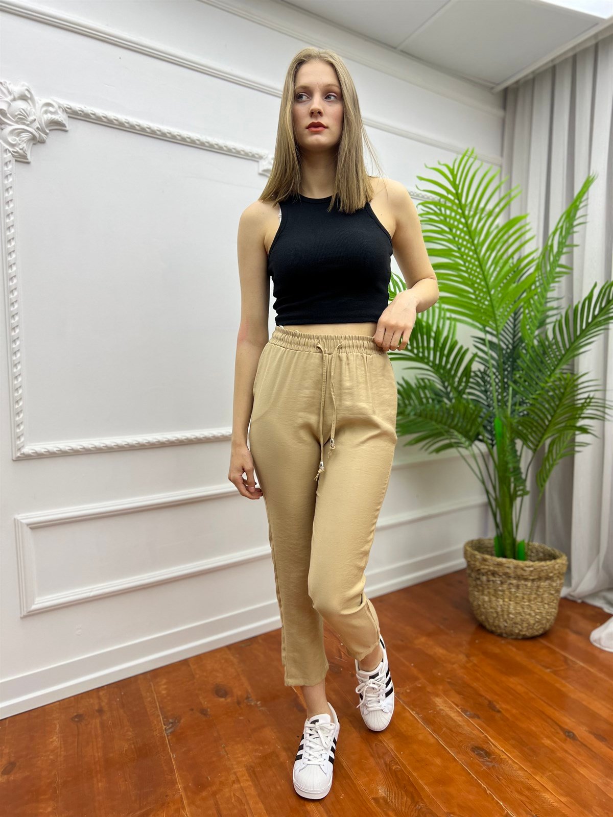 Büyük Beden Tensel Beli Lastikli Pantolon Camel