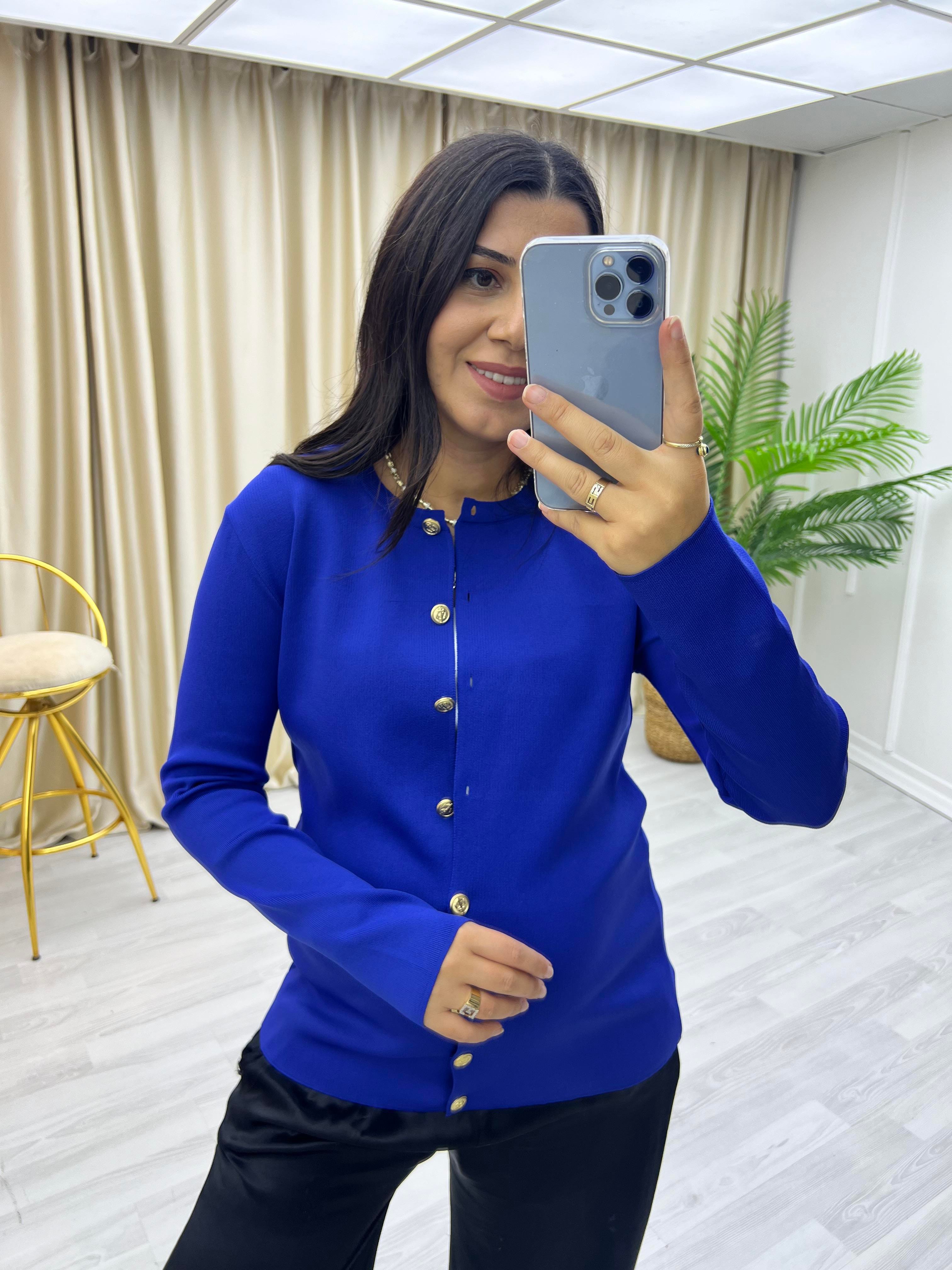 Çelik Örme Düğmeli Ceket Saks