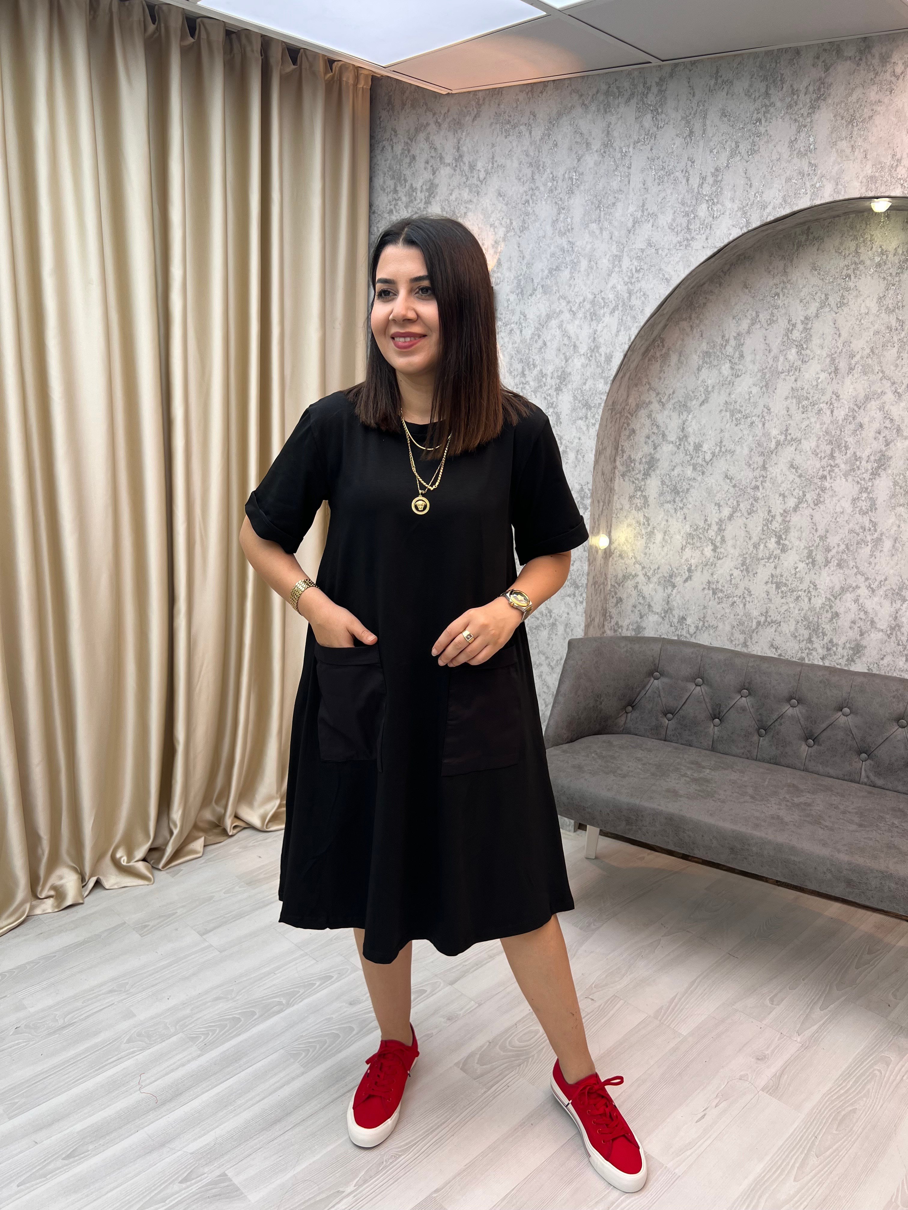 Cep Detay Çelik Elbise Siyah