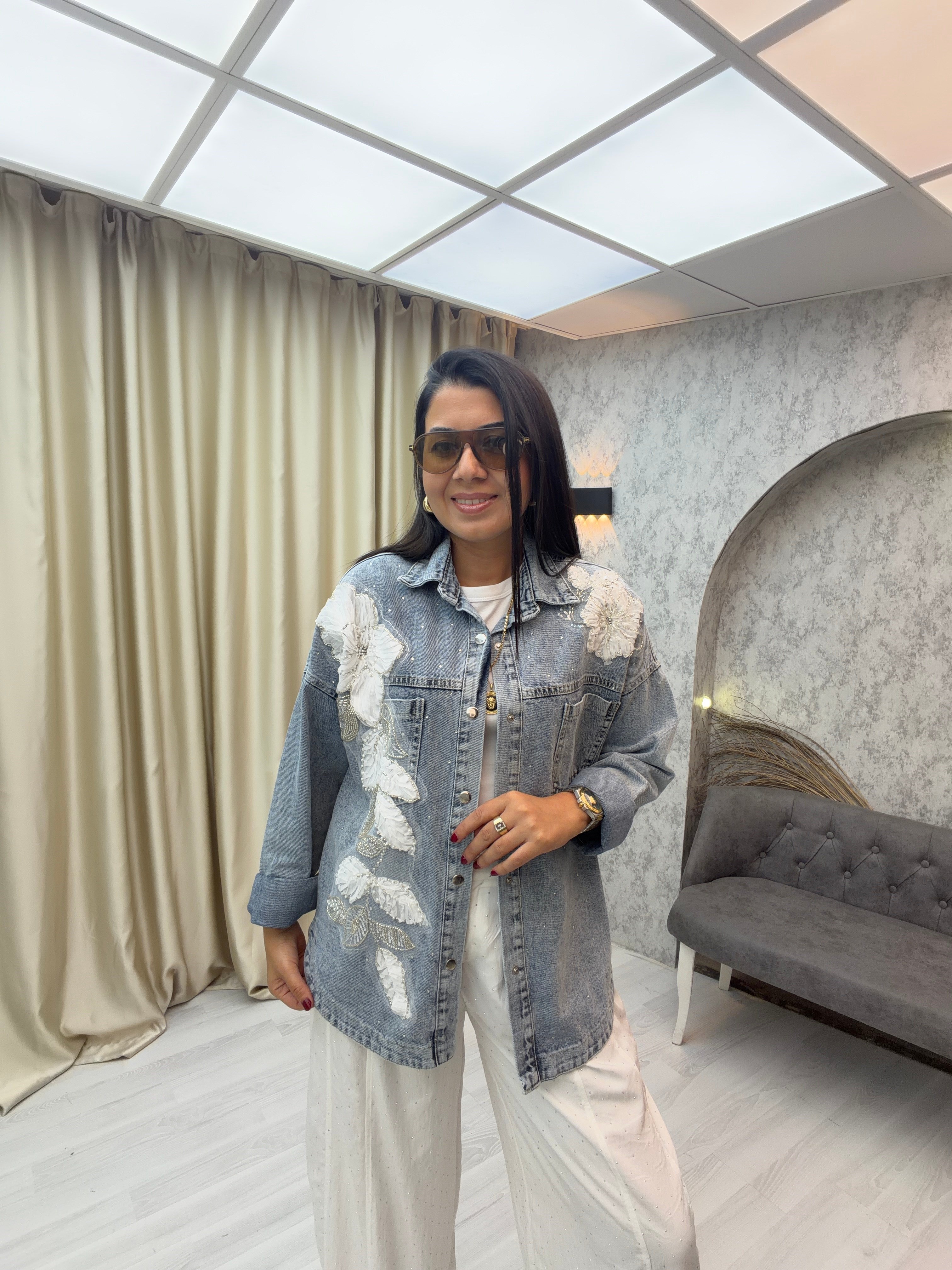 Çiçek İşlemeli Denim Ceket Açık Mavi