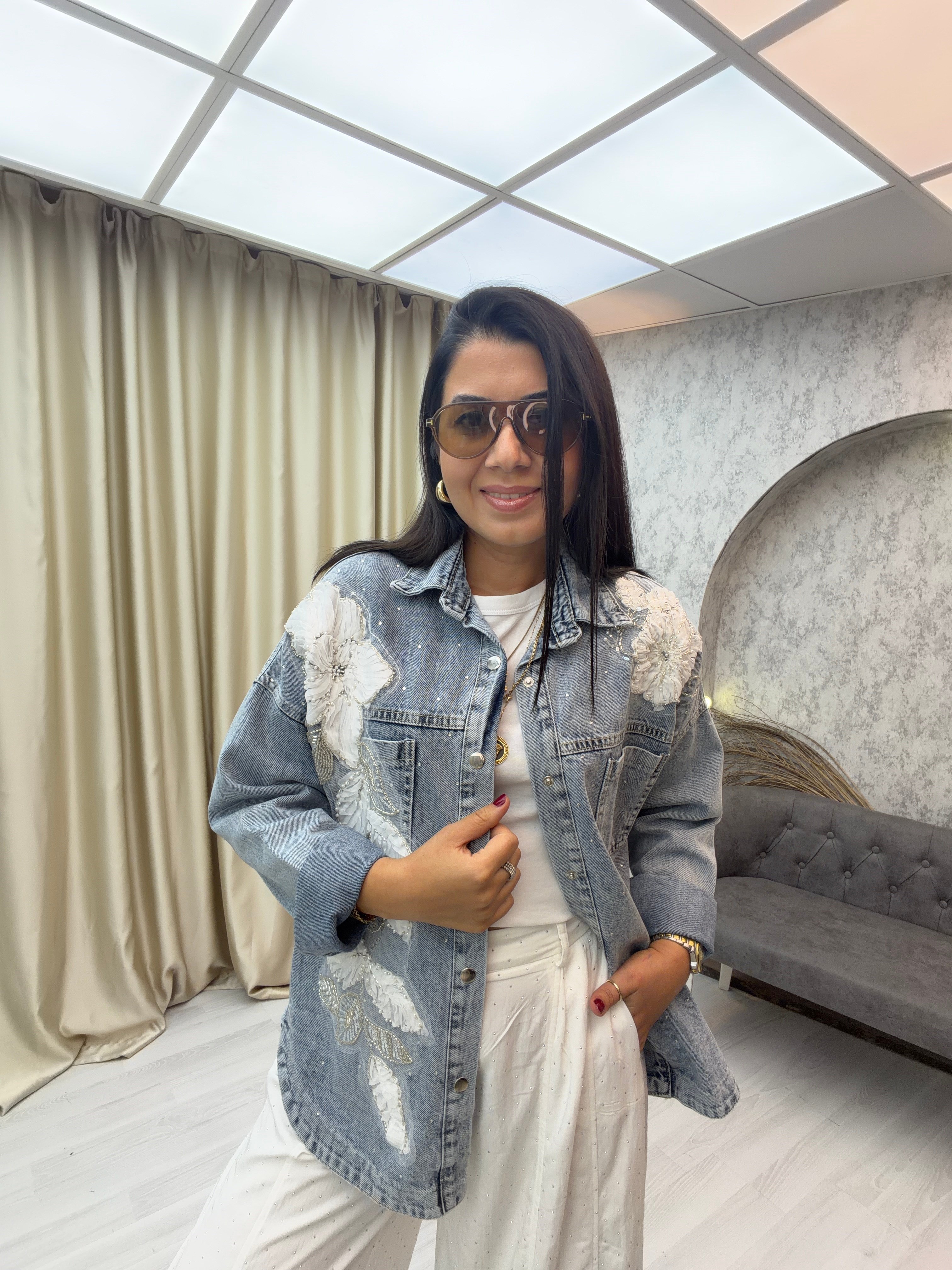 Çiçek İşlemeli Denim Ceket Açık Mavi
