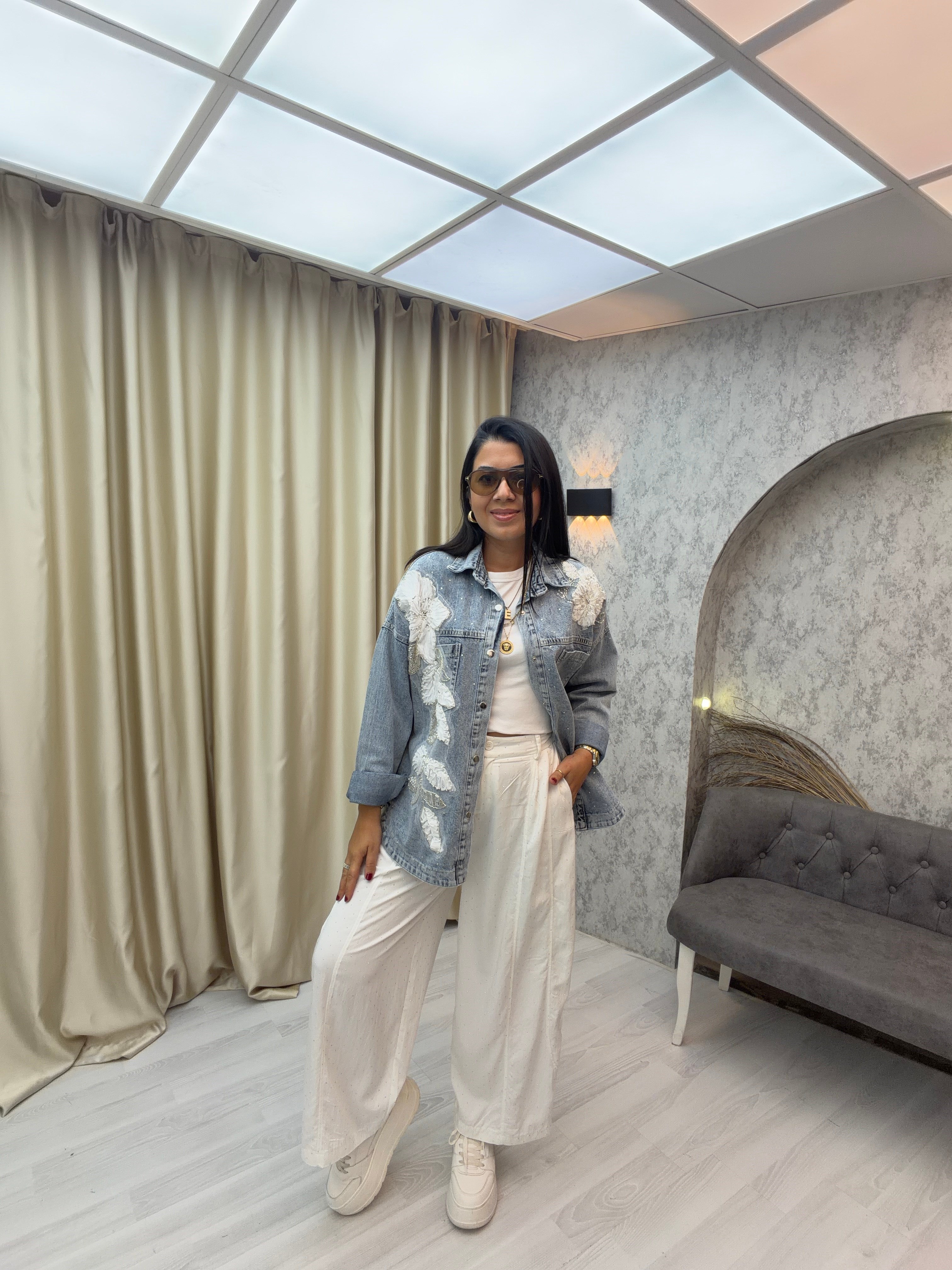 Çiçek İşlemeli Denim Ceket Açık Mavi