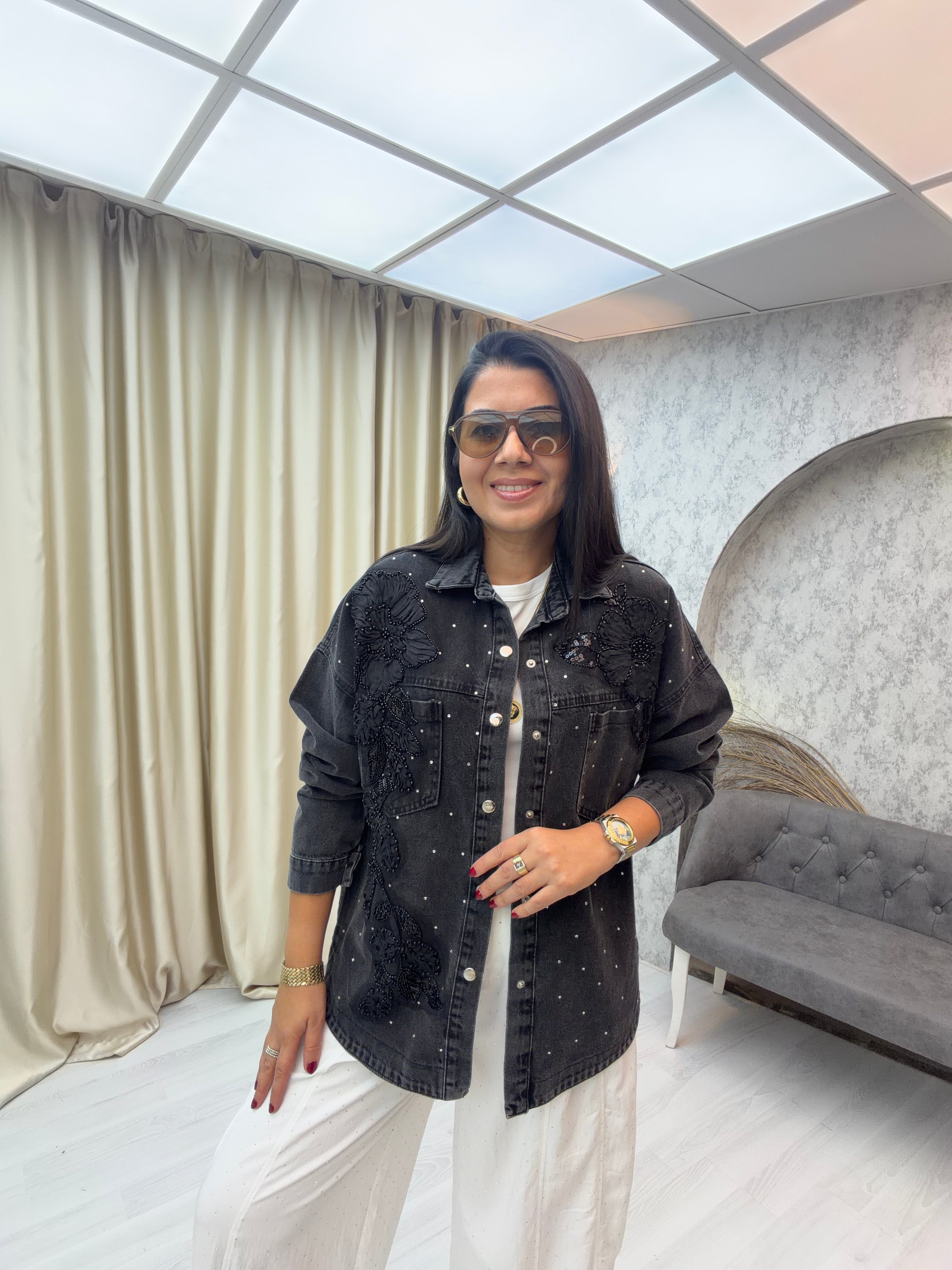 Çiçek İşlemeli Denim Ceket Antrasit