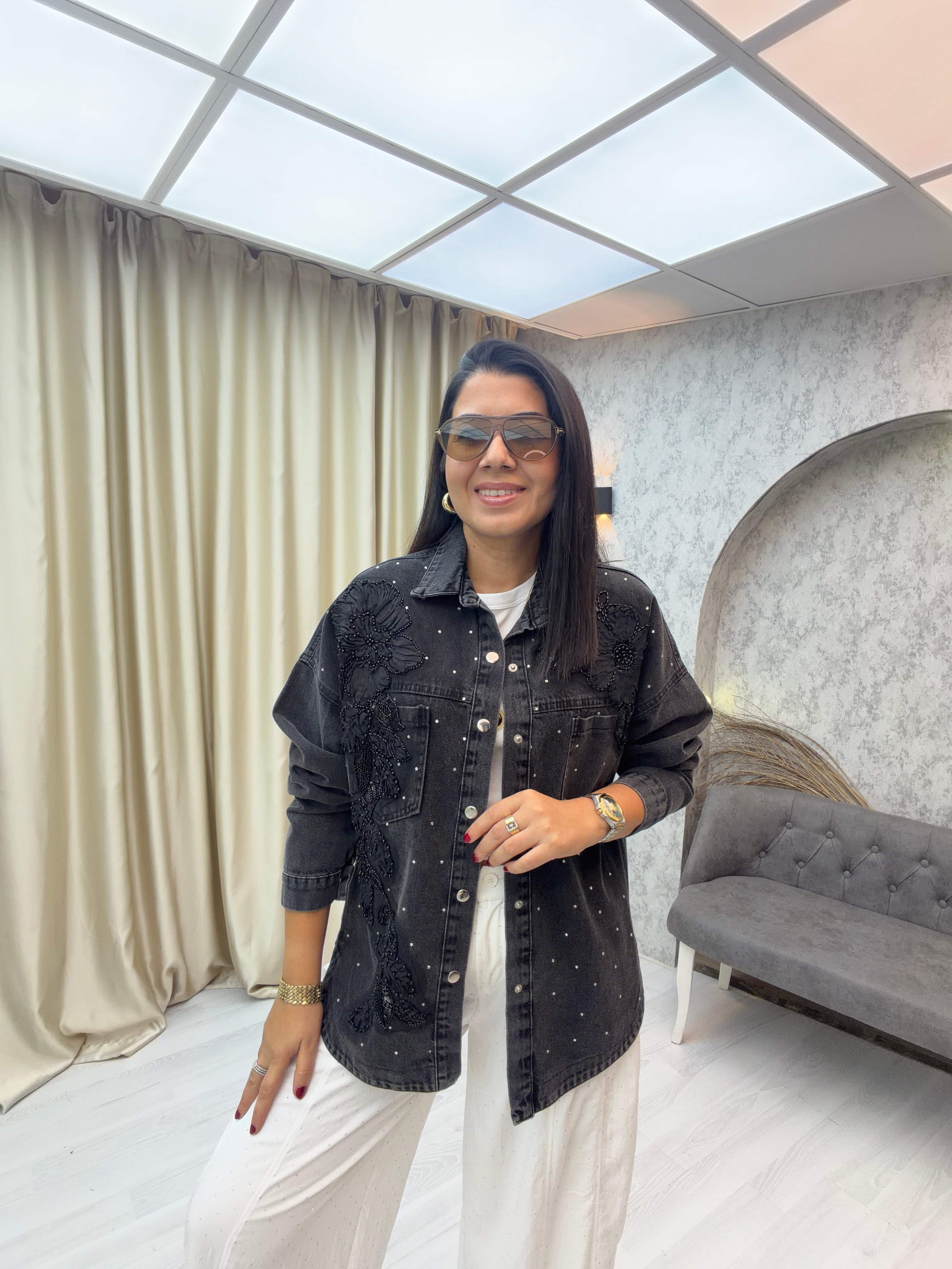 Çiçek İşlemeli Denim Ceket Antrasit