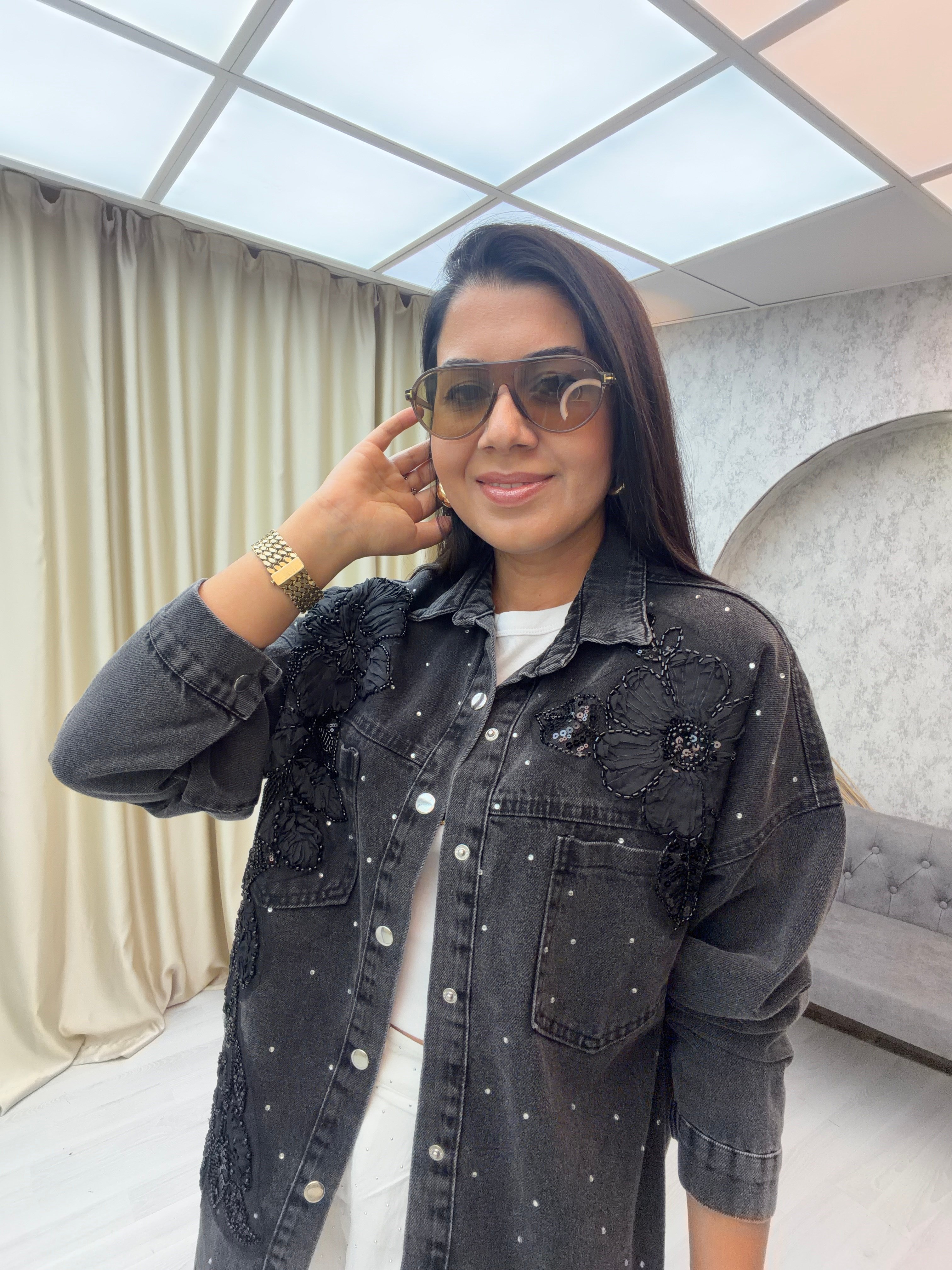 Çiçek İşlemeli Denim Ceket Antrasit