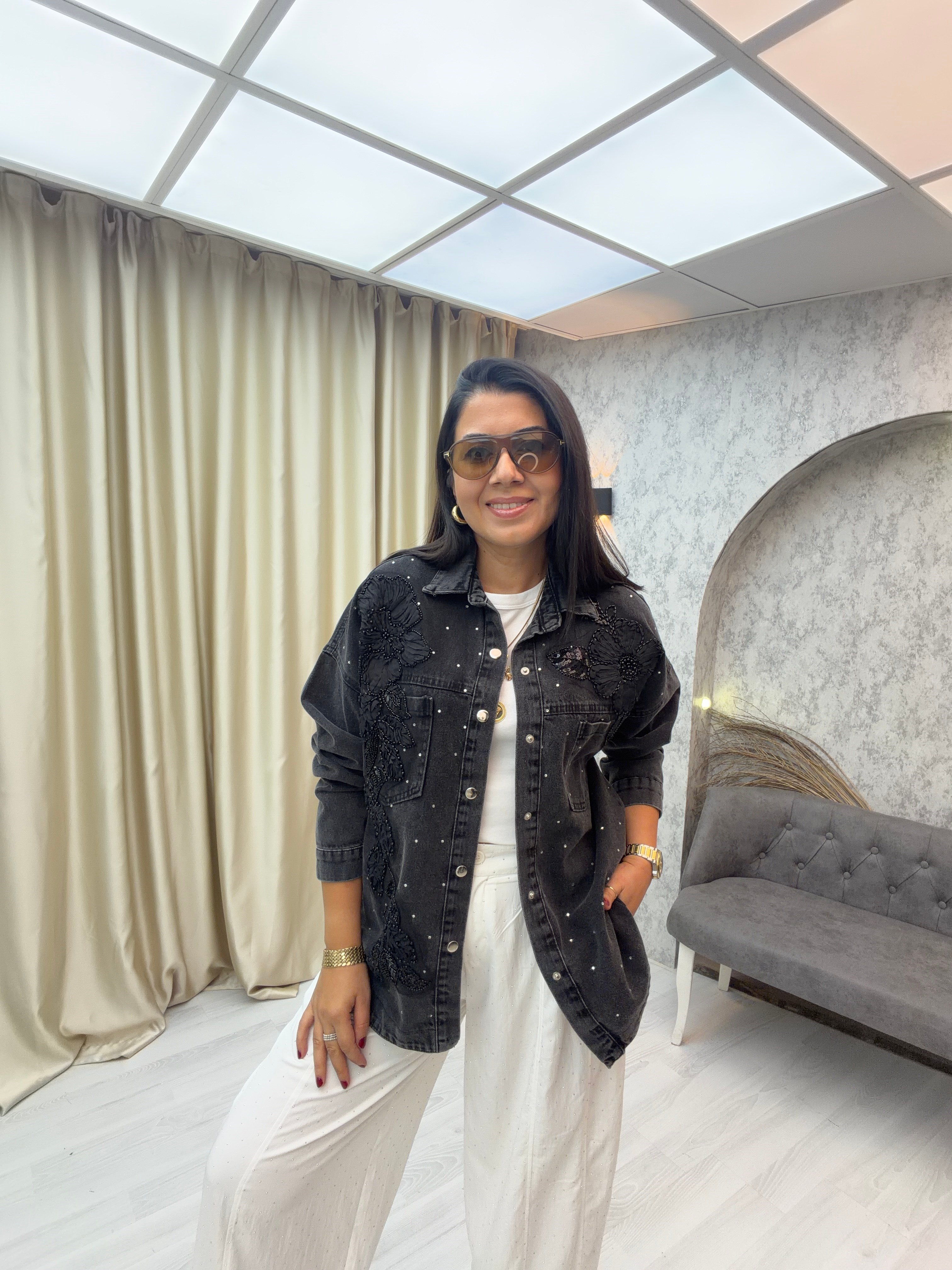 Çiçek İşlemeli Denim Ceket Antrasit