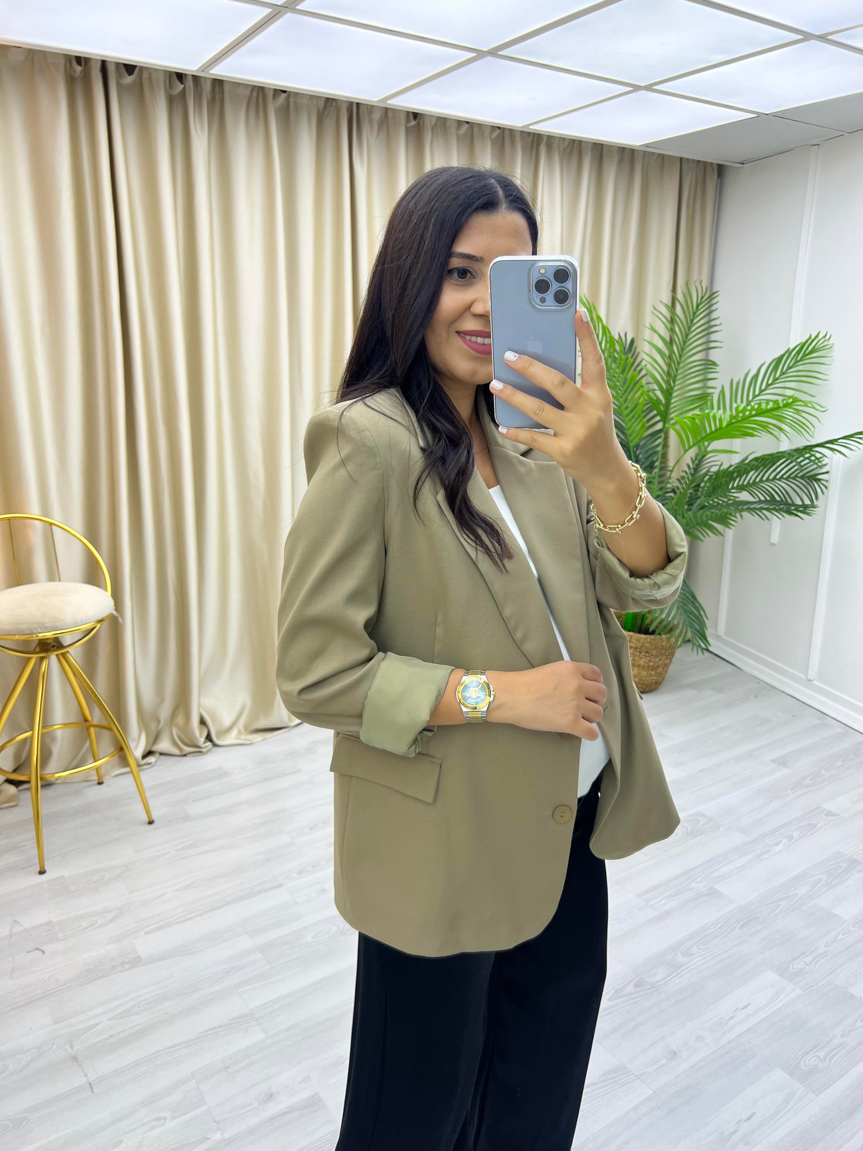Çİft Düğme Blazer Ceket Haki