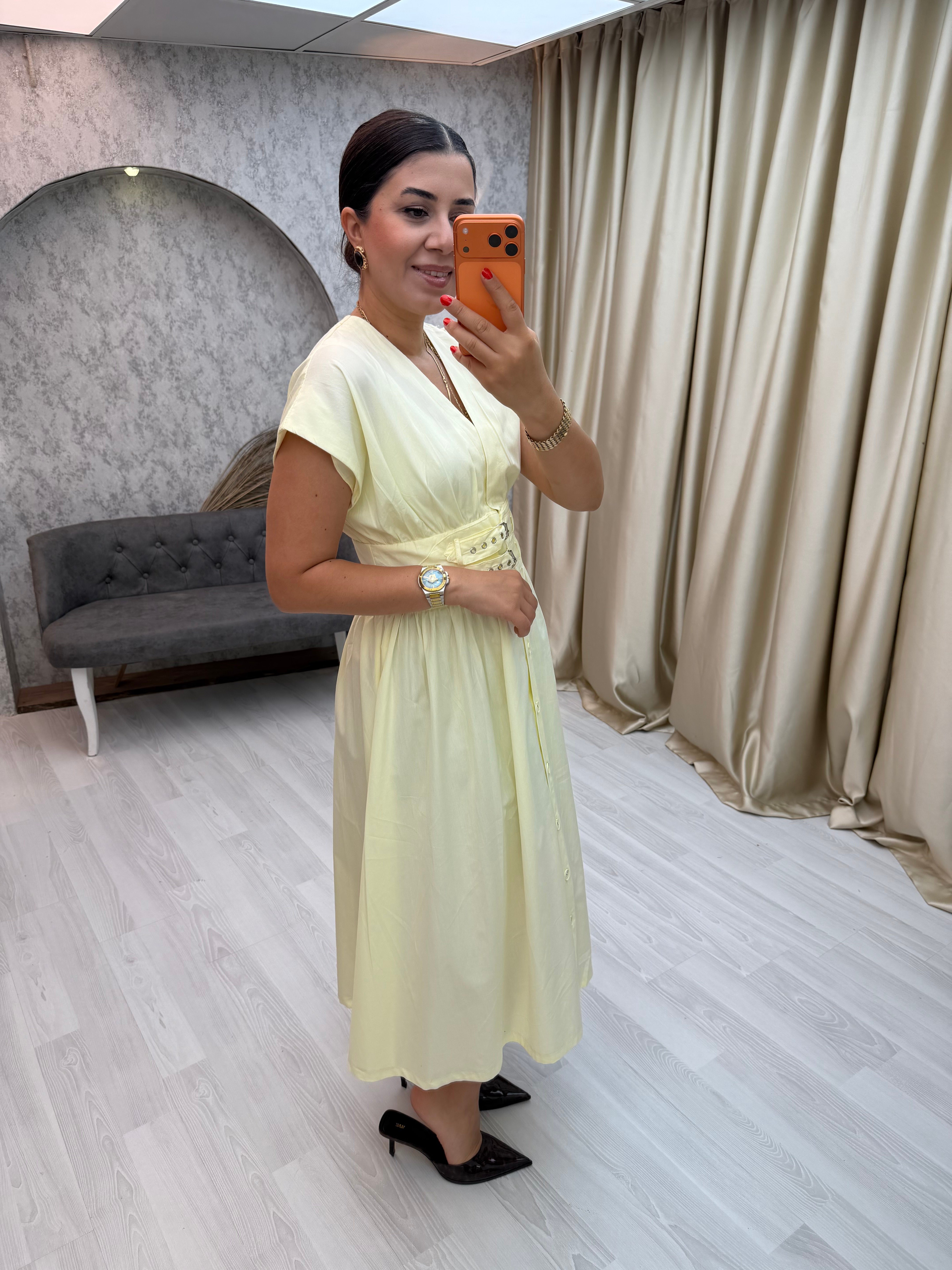 Çift Tokalı Elbise Sarı