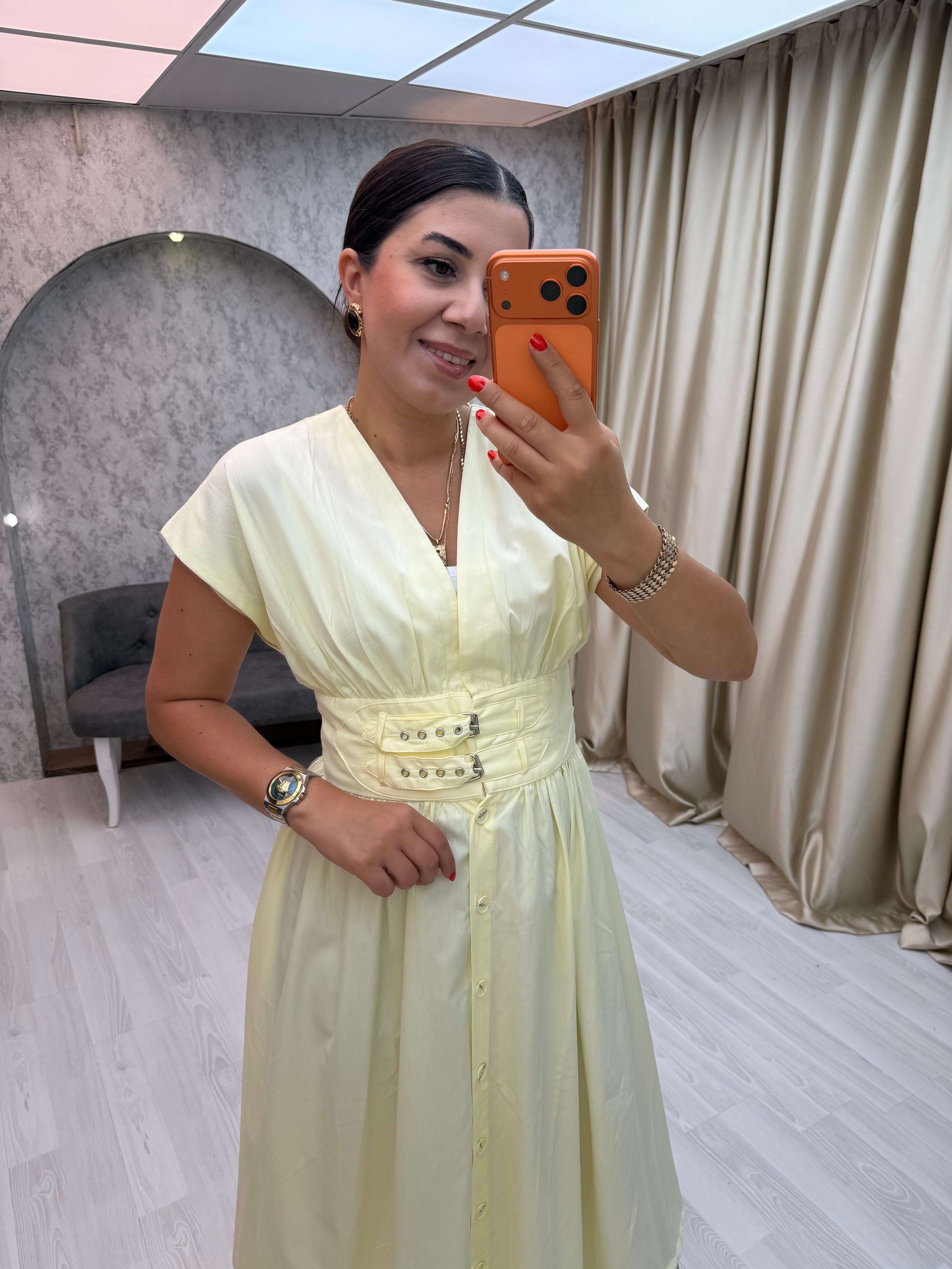 Çift Tokalı Elbise Sarı