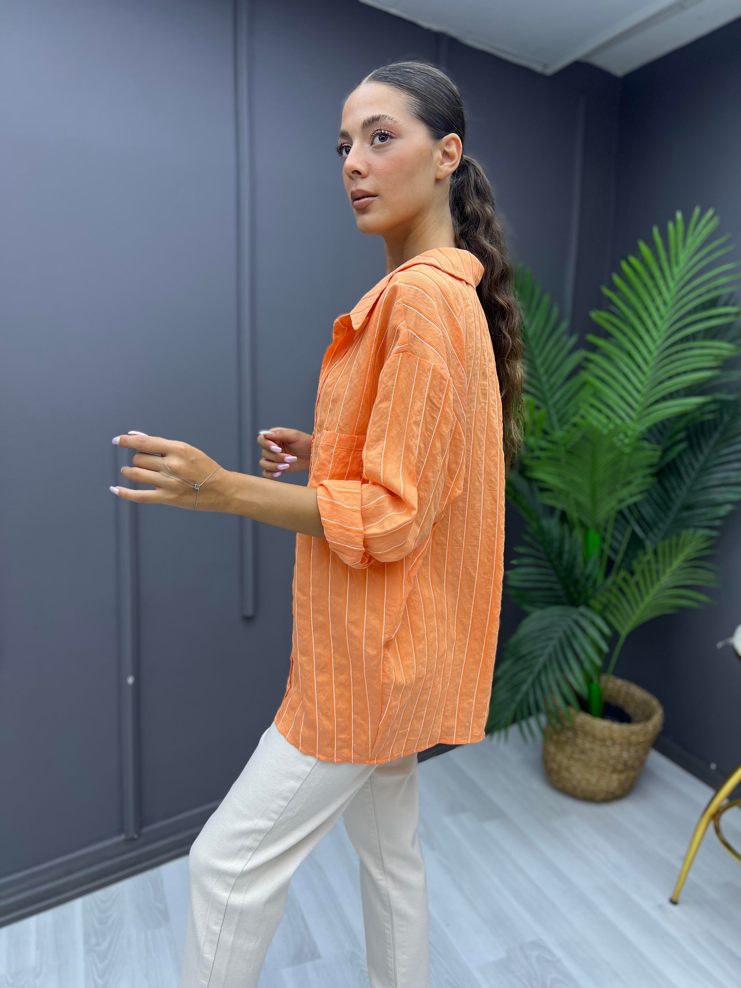 Çizgili Oversize Gömlek Oranj