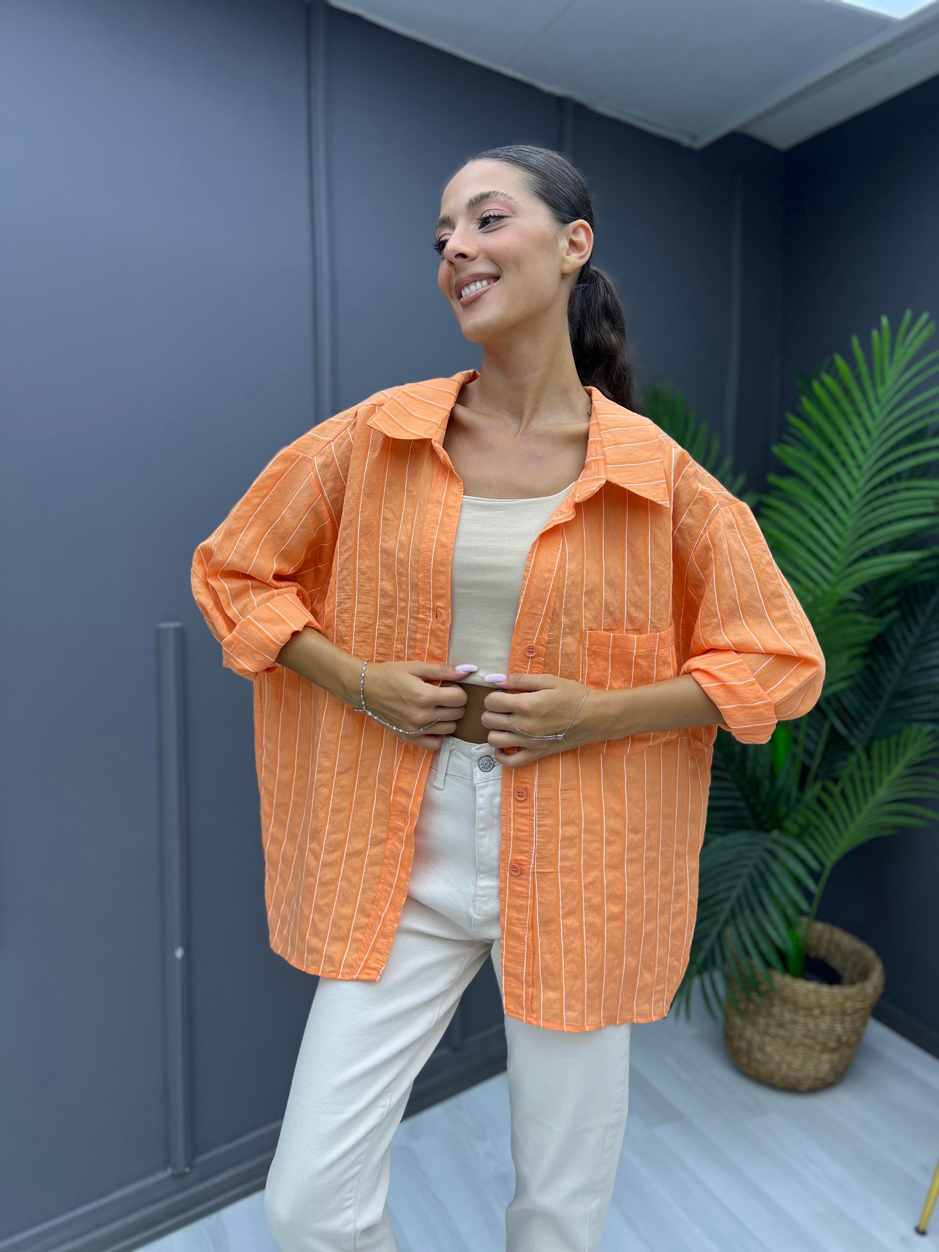Çizgili Oversize Gömlek Oranj