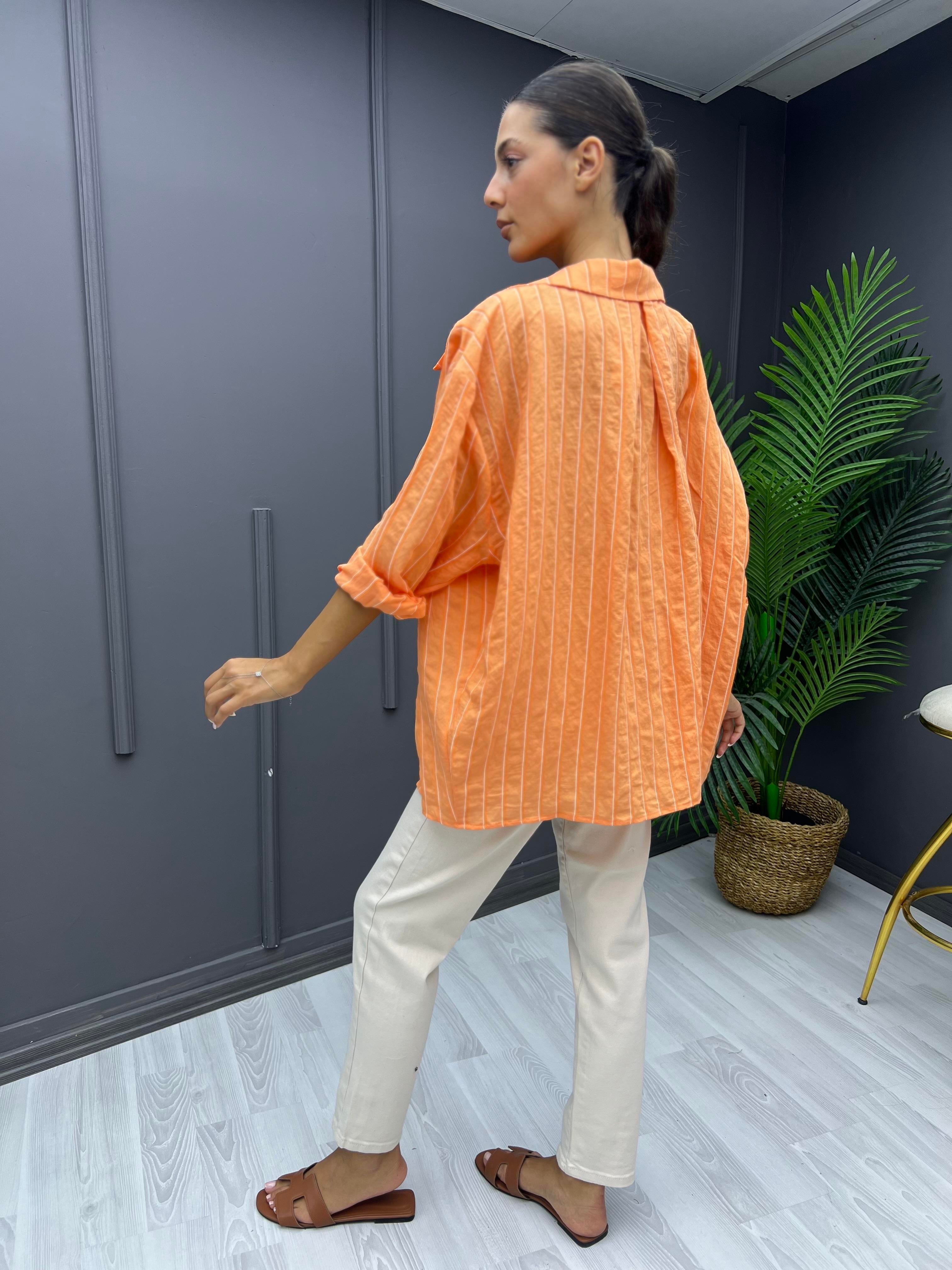 Çizgili Oversize Gömlek Oranj