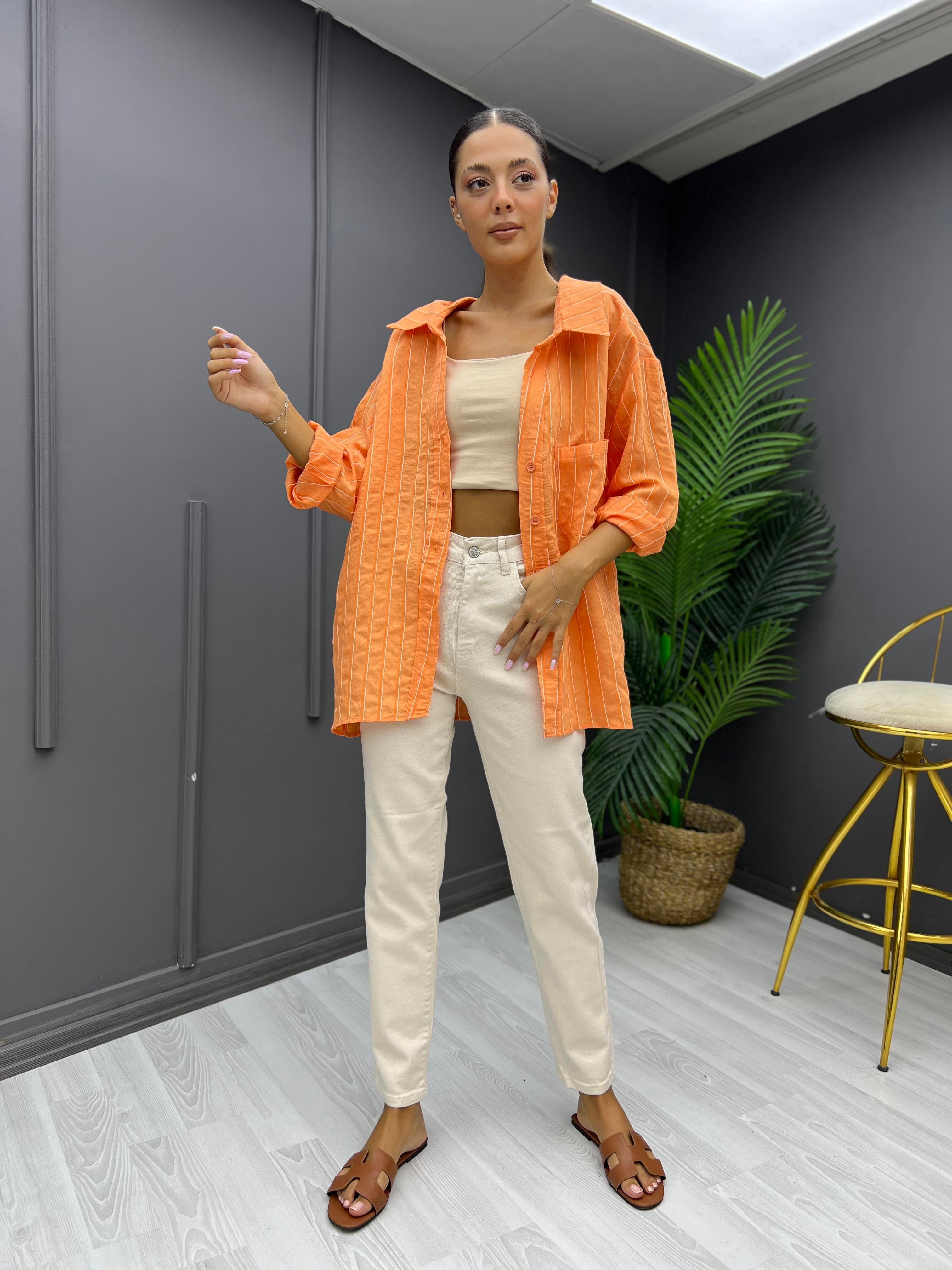 Çizgili Oversize Gömlek Oranj