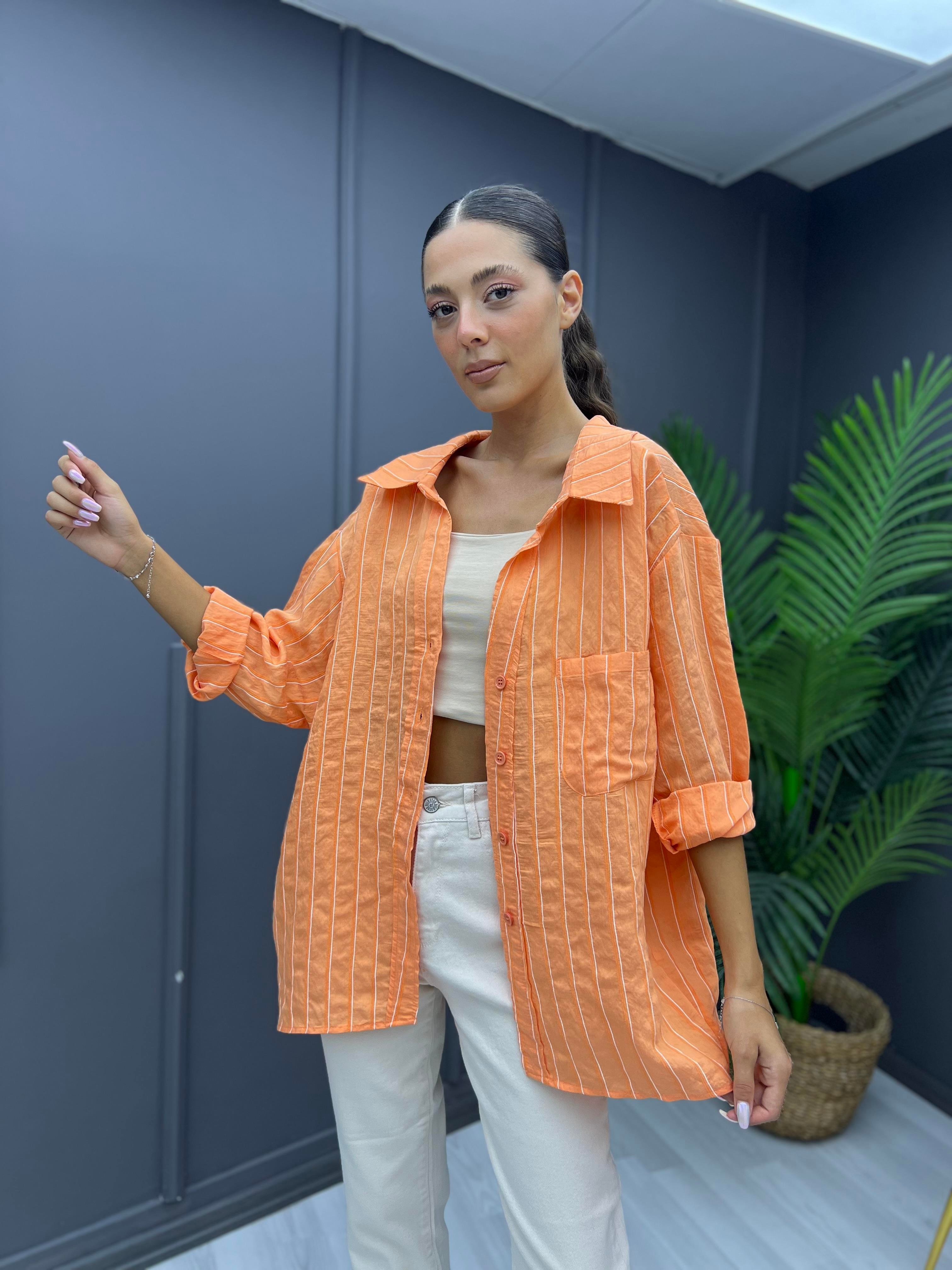 Çizgili Oversize Gömlek Oranj