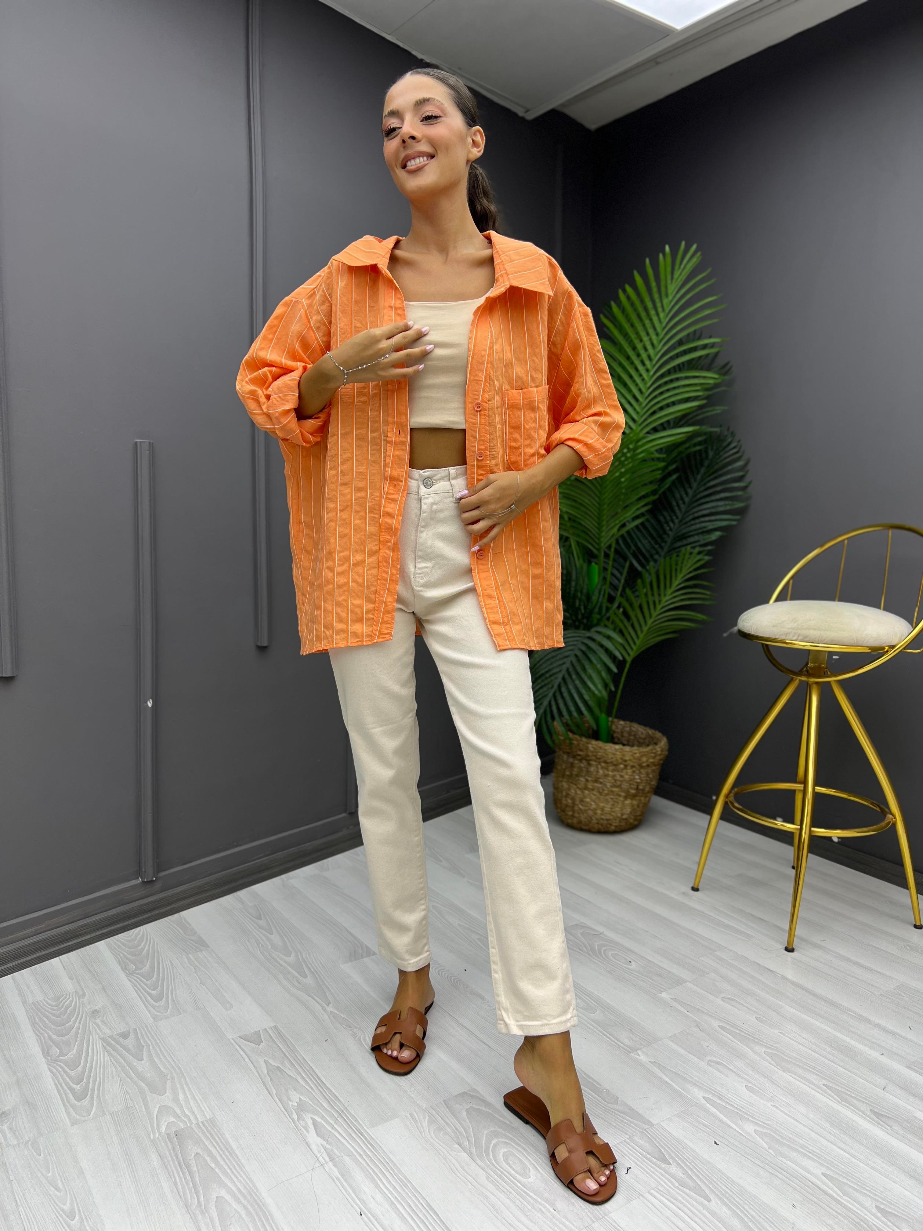 Çizgili Oversize Gömlek Oranj