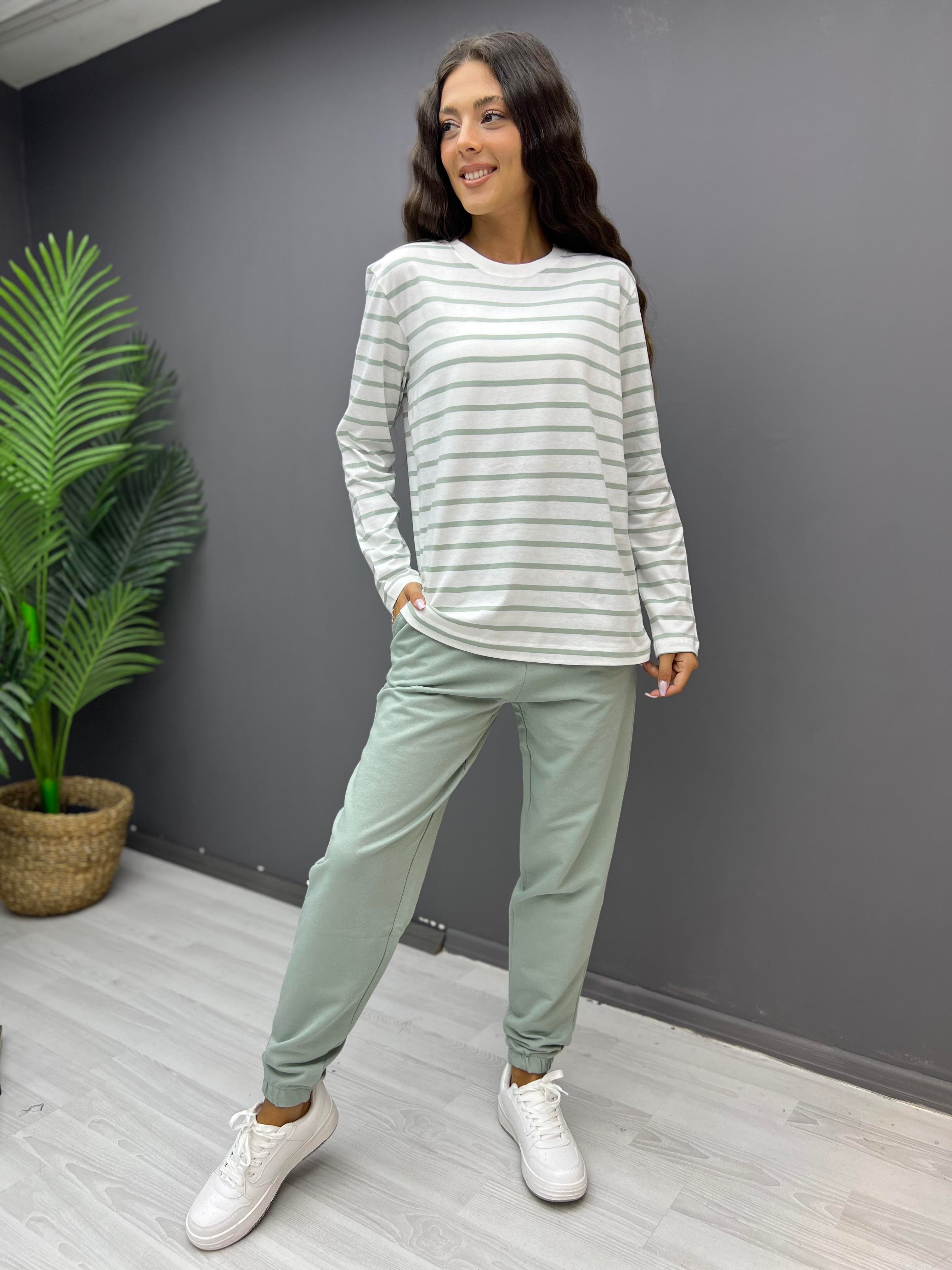 Çizgili Pamuklu Sweat Mint Yeşili