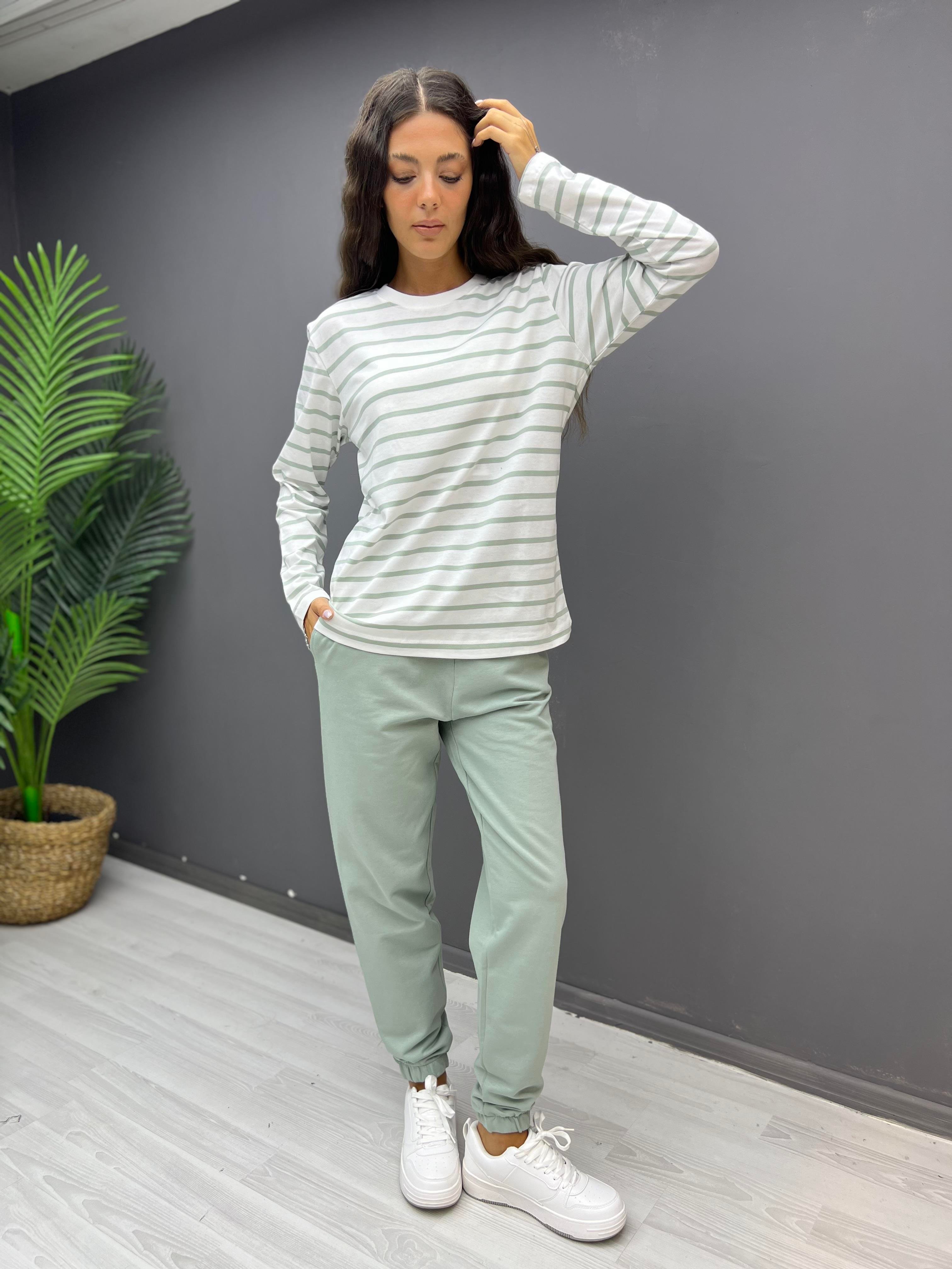 Çizgili Pamuklu Sweat Mint Yeşili