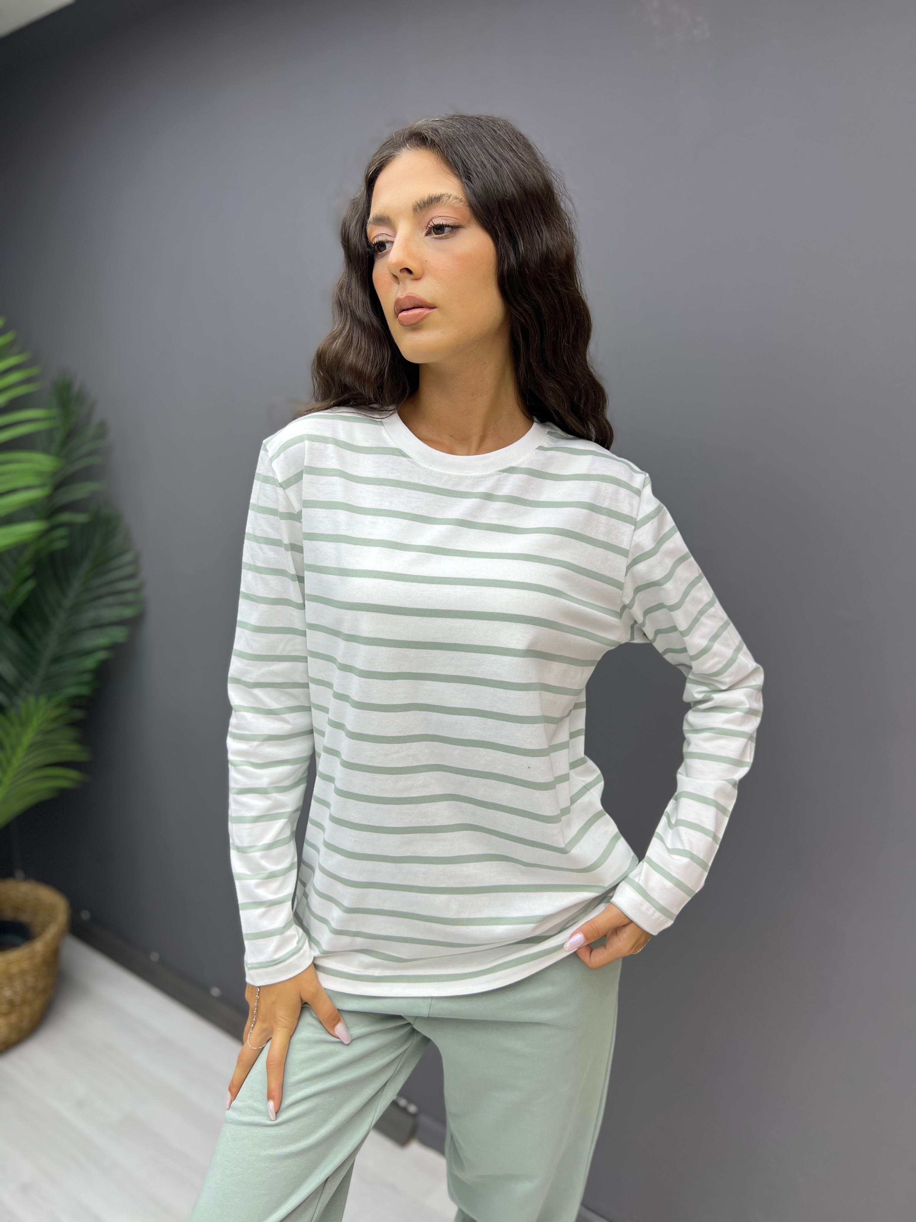 Çizgili Pamuklu Sweat Mint Yeşili