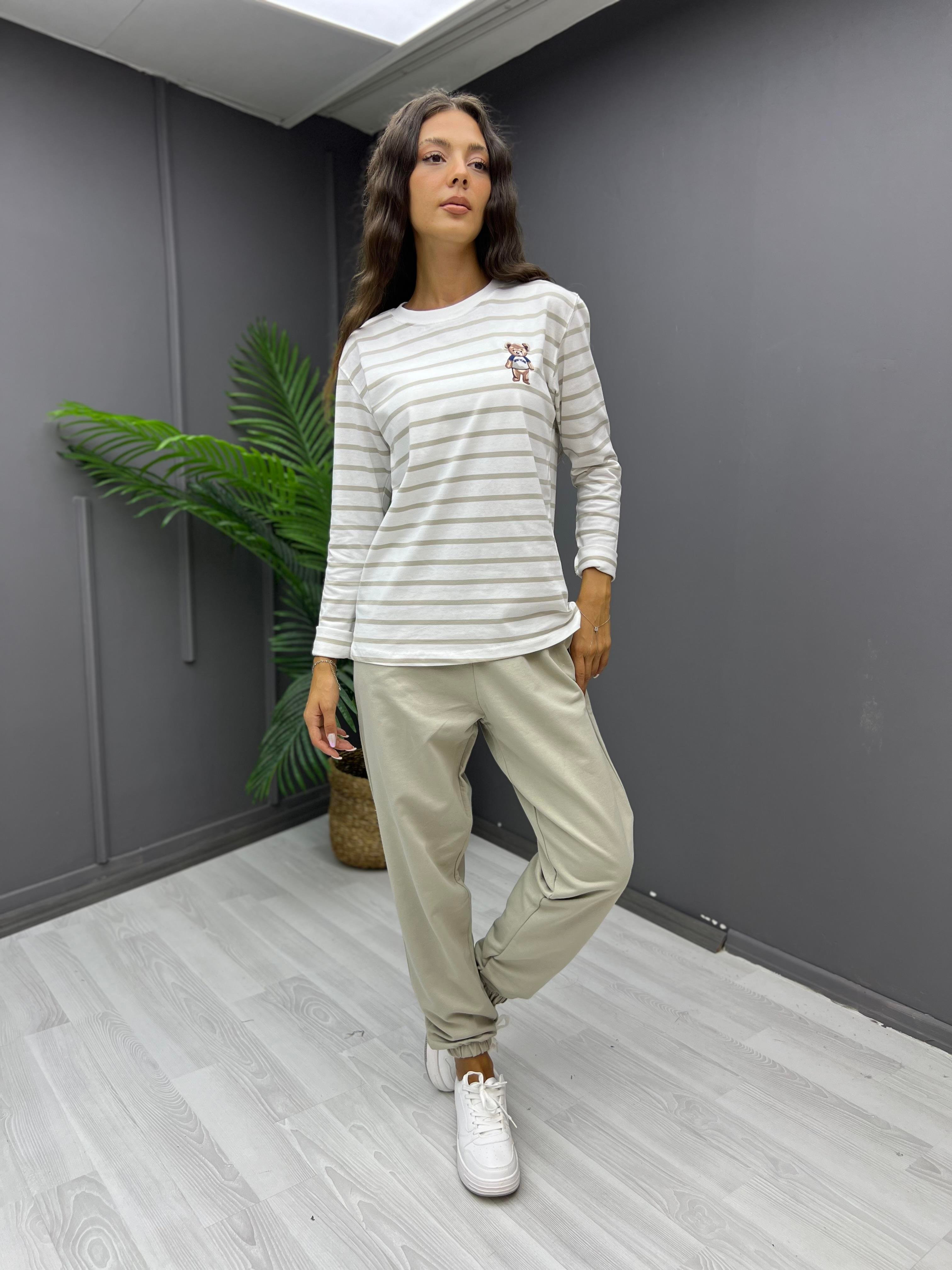 Çizgili Teddy Sweat Küfyeşili