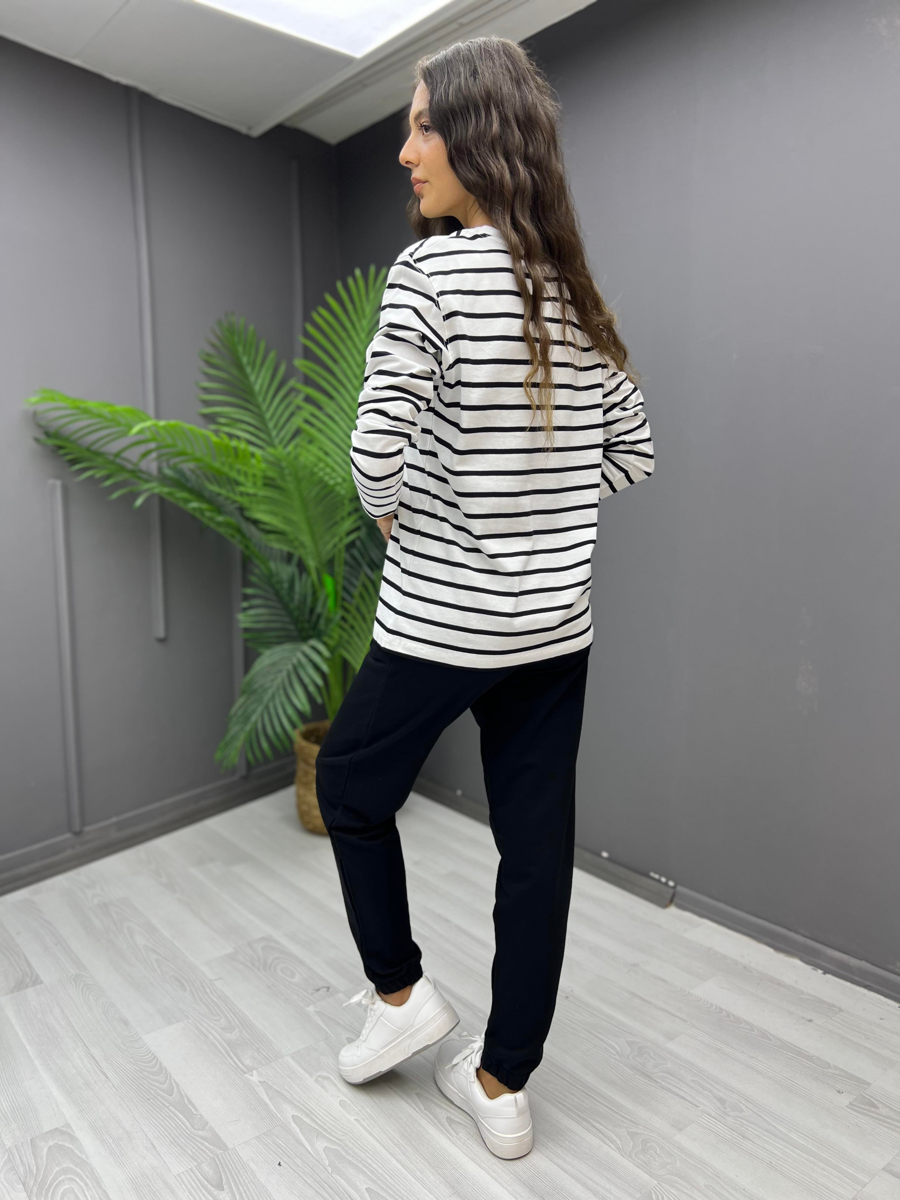Çizgili Teddy Sweat Siyah