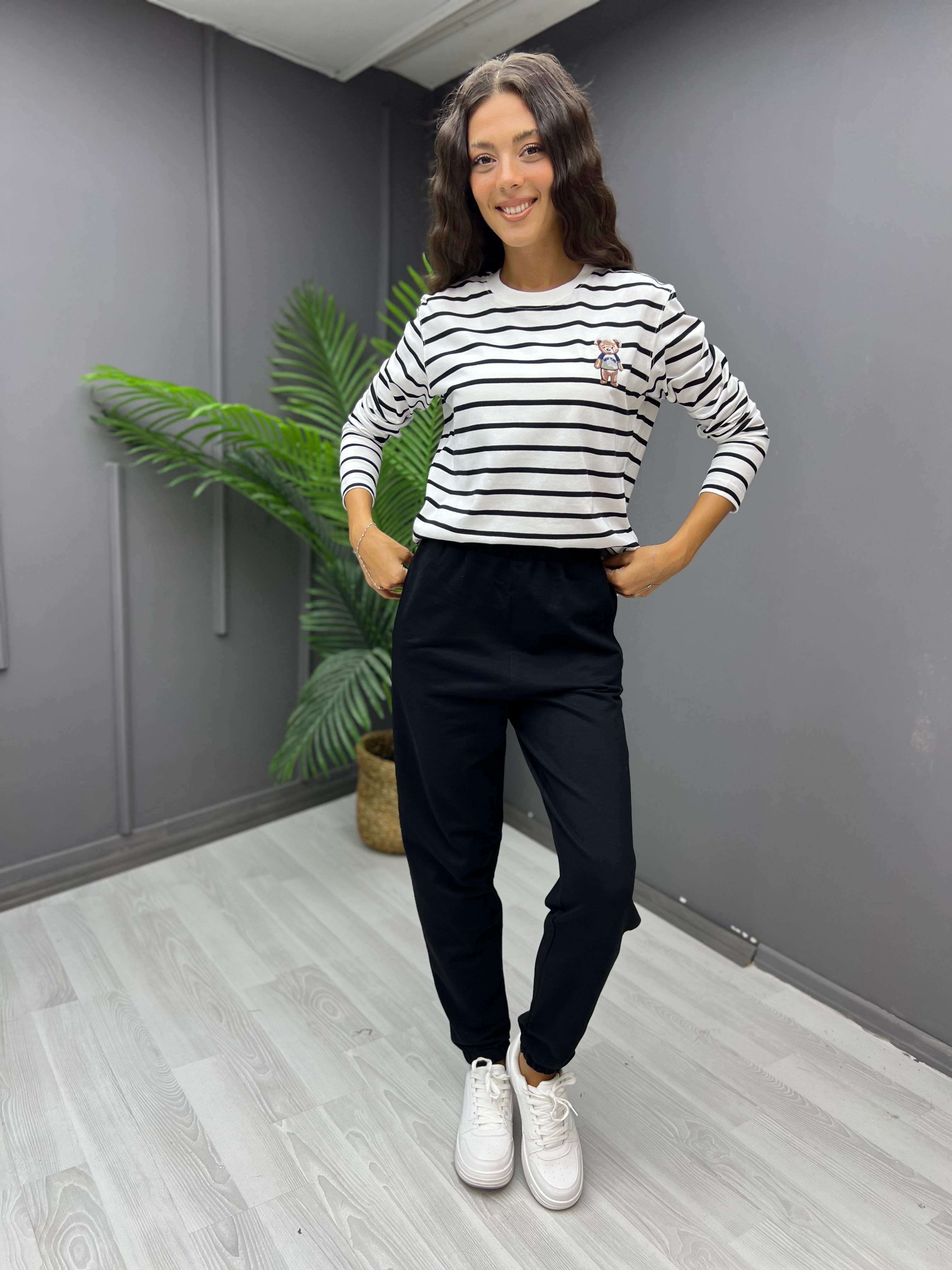 Çizgili Teddy Sweat Siyah
