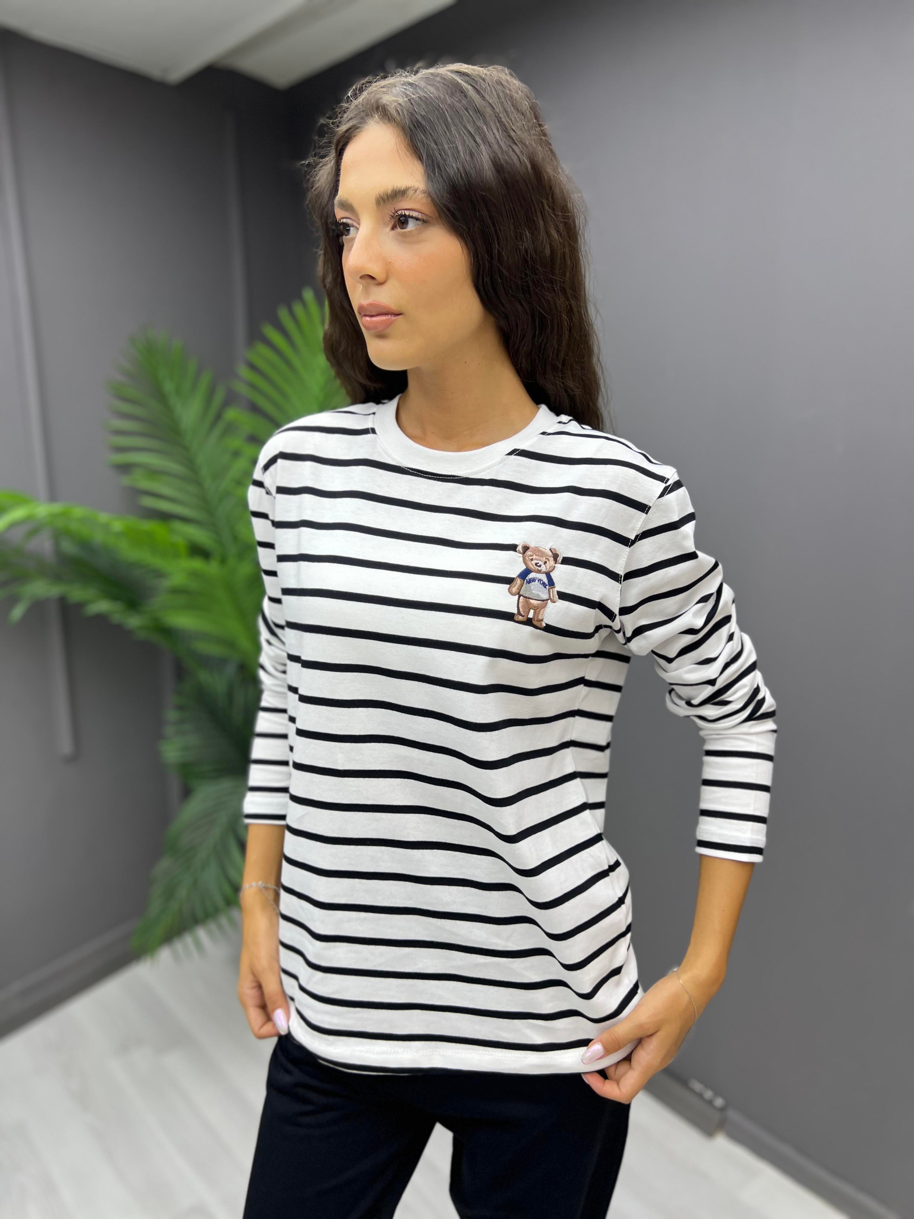 Çizgili Teddy Sweat Siyah