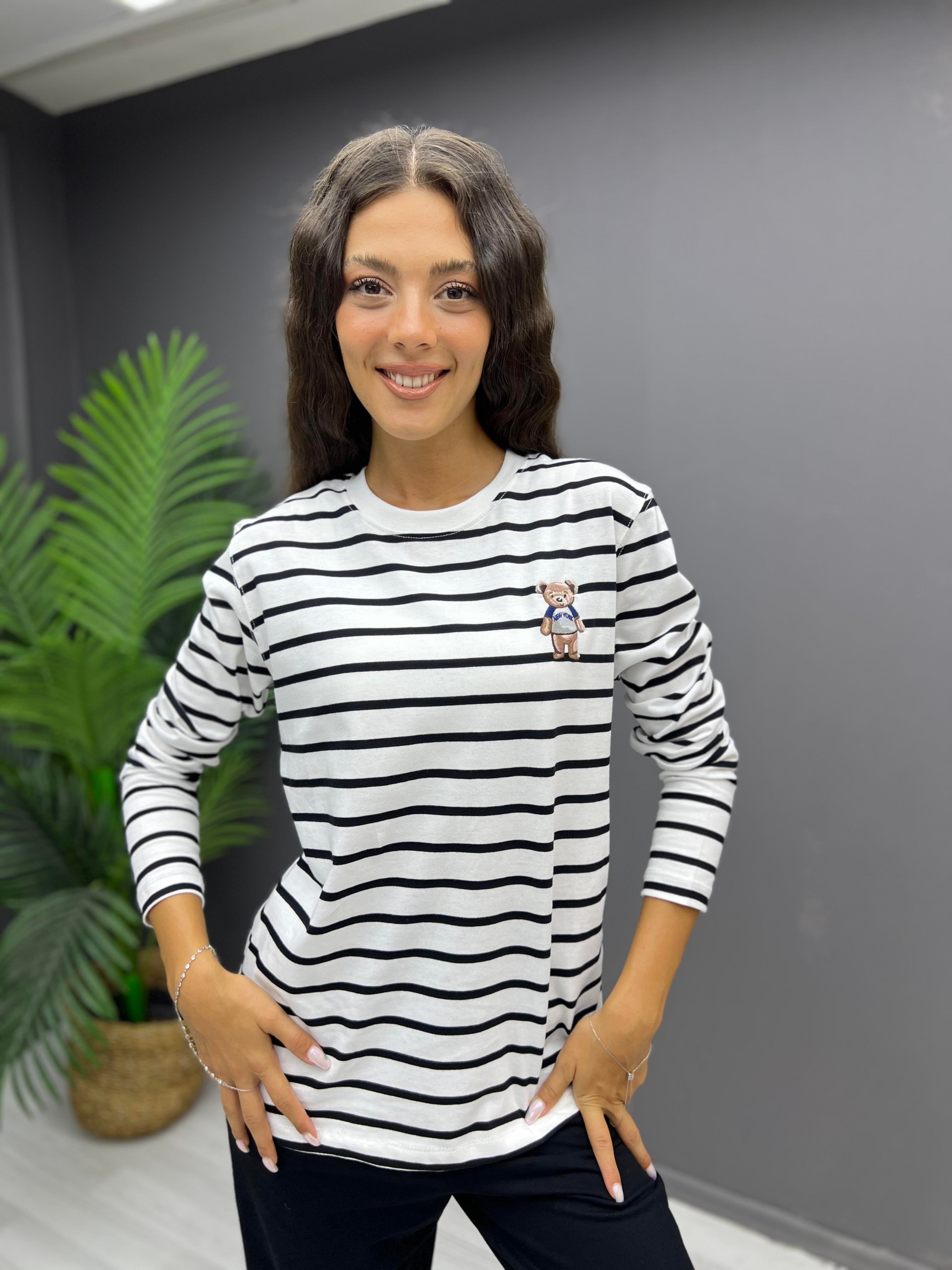 Çizgili Teddy Sweat Siyah