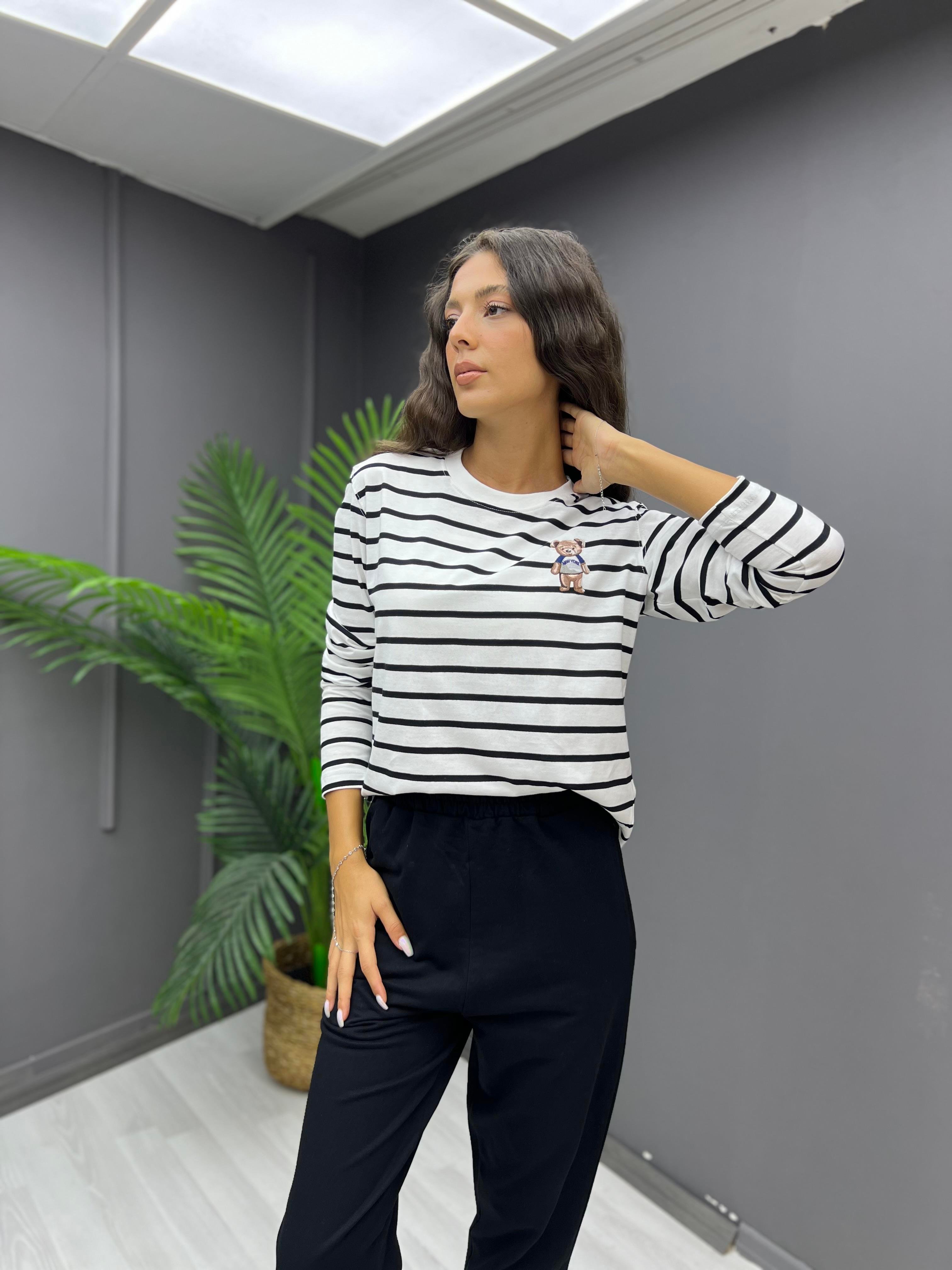 Çizgili Teddy Sweat Siyah