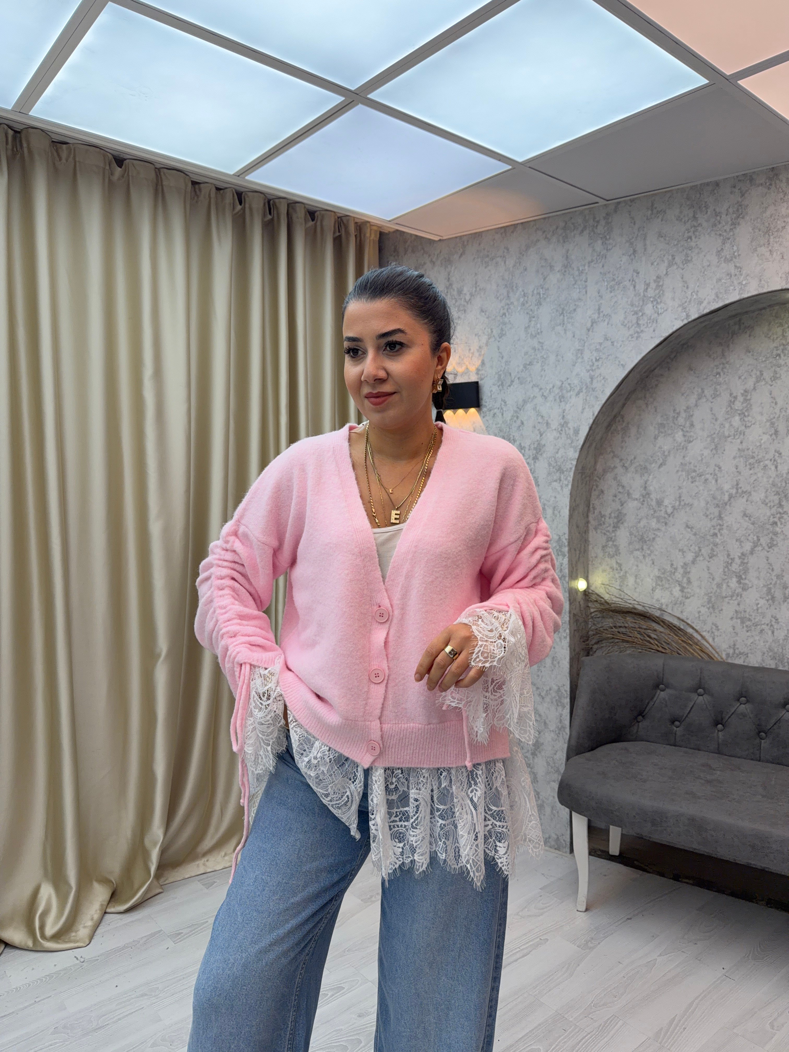 Dantel Detay Kolları Büzgülü Hırka Pembe