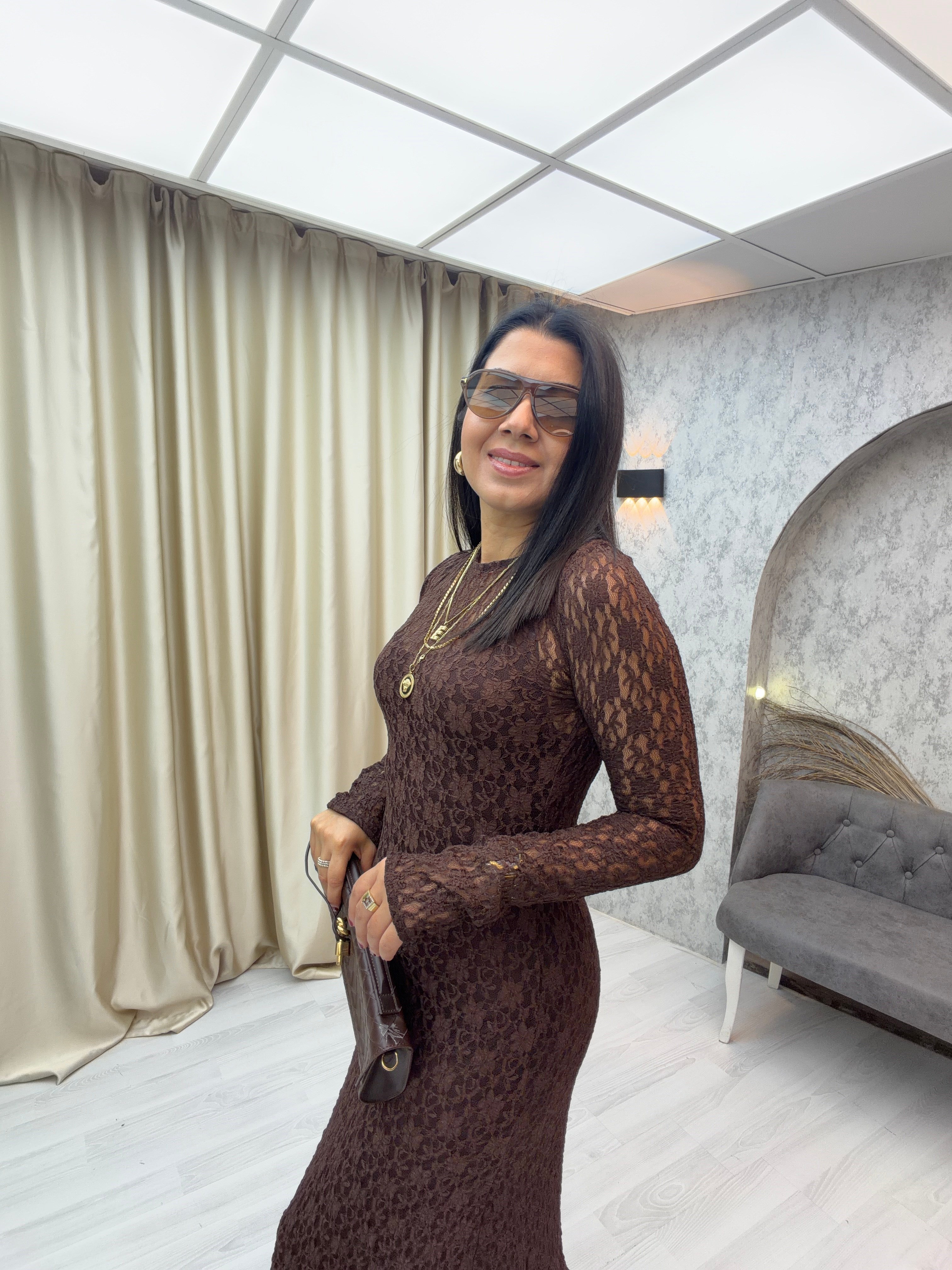 Dantelli İkili Elbise Kahverengi
