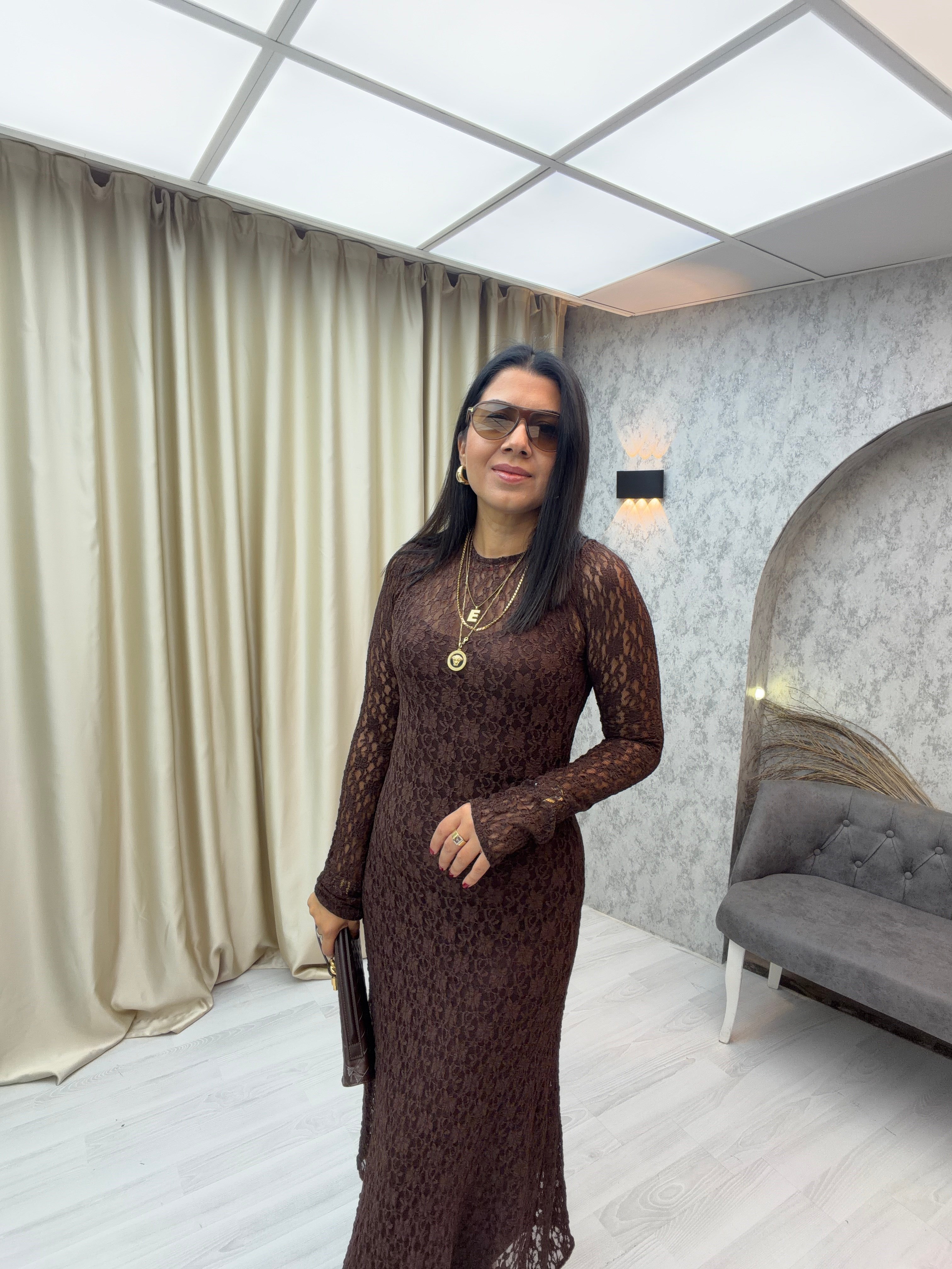 Dantelli İkili Elbise Kahverengi