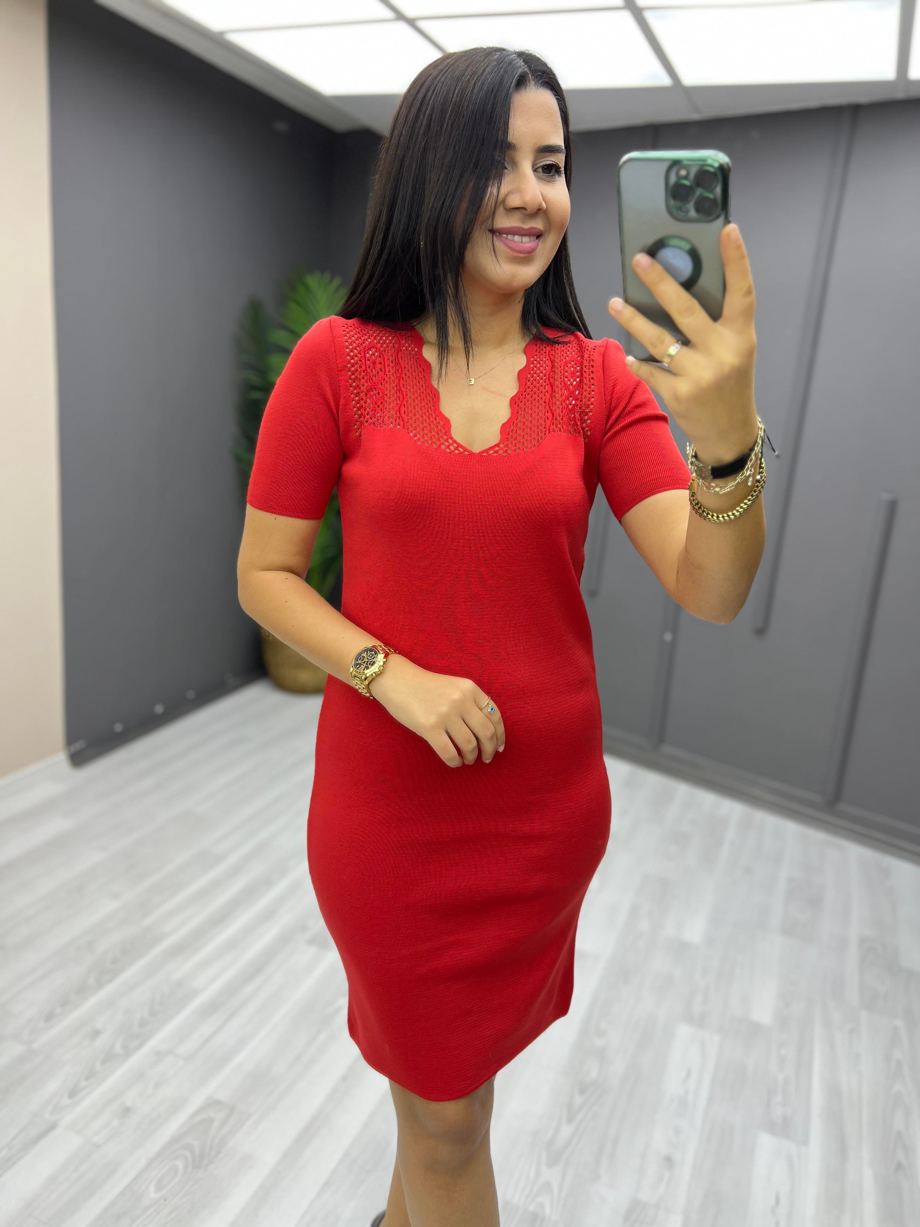 Dantelli Triko Elbise Kırmızı