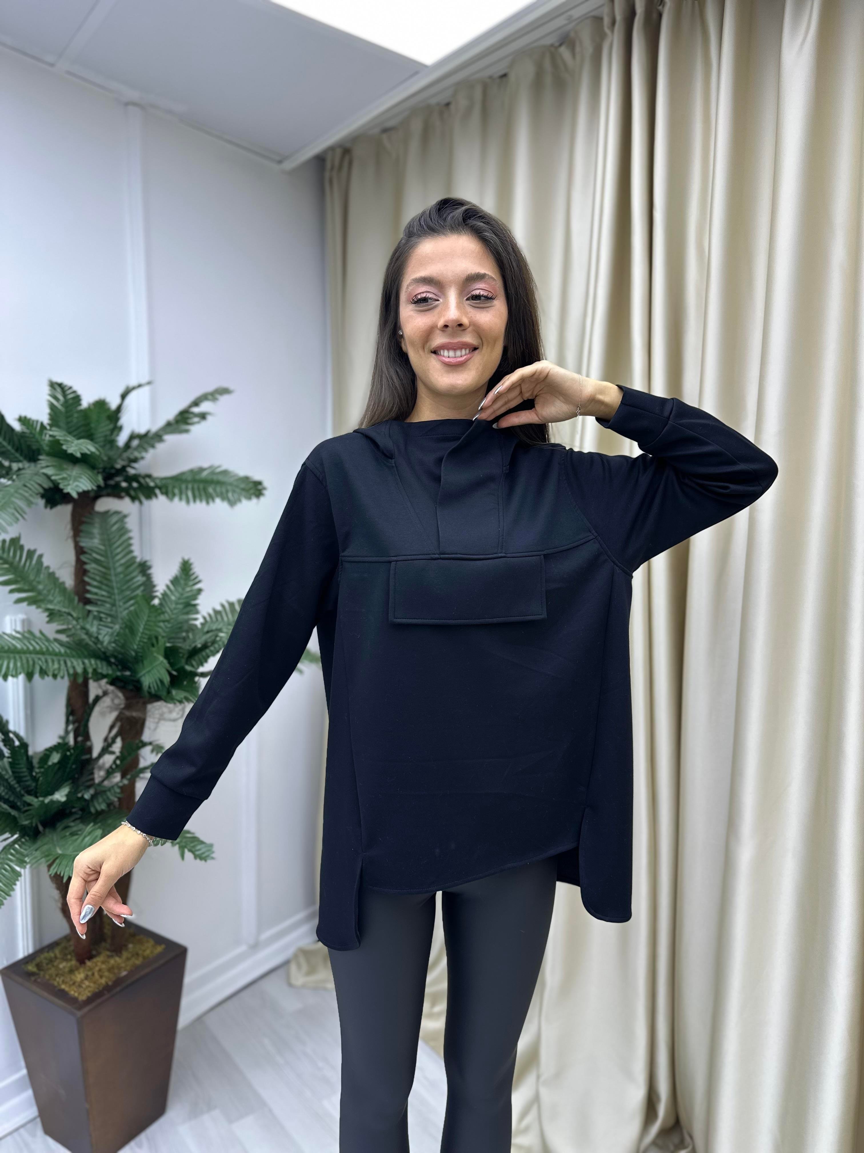 Dik Yaka Kapişonlu Modal Sweat Siyah