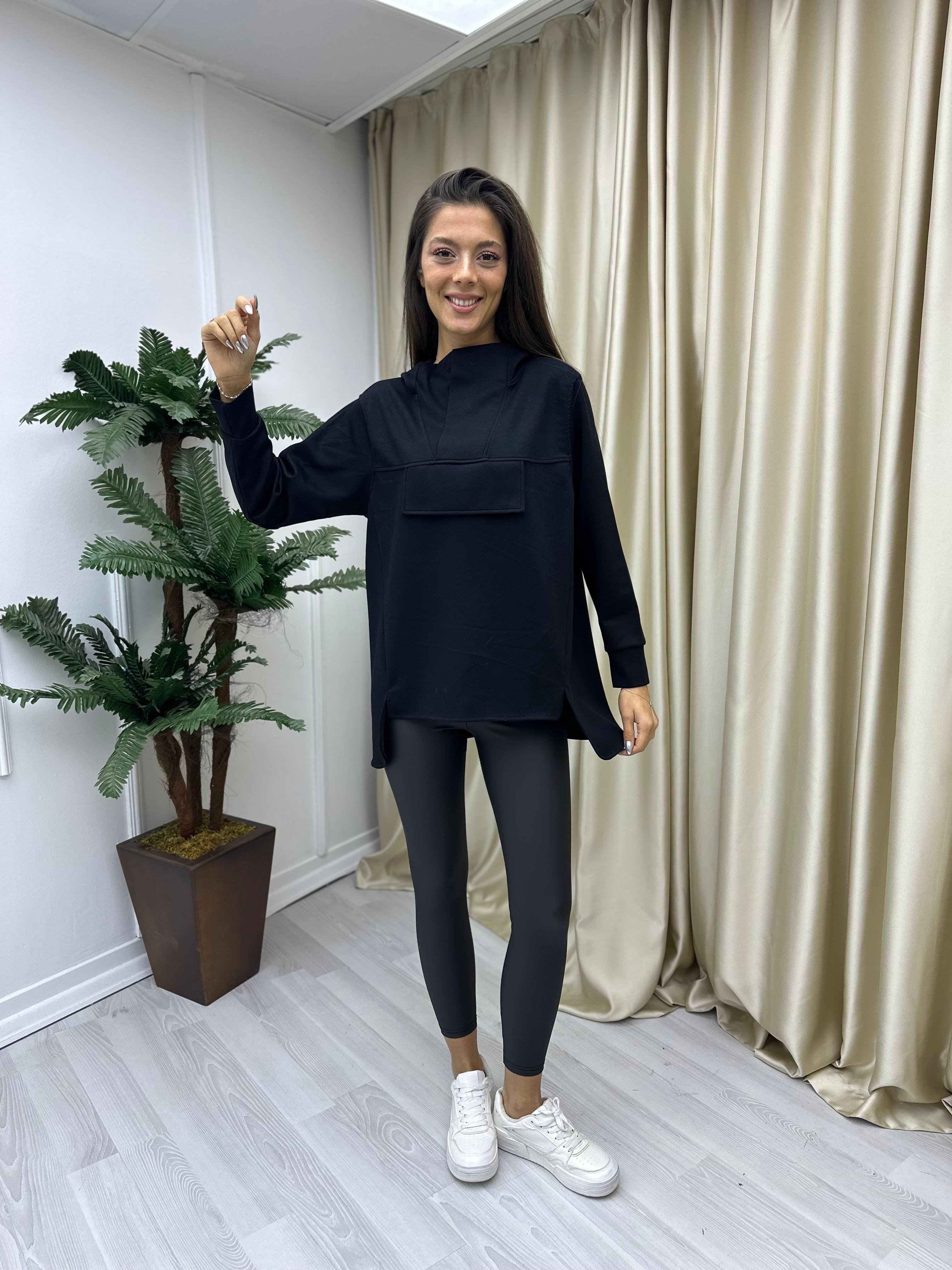 Dik Yaka Kapişonlu Modal Sweat Siyah