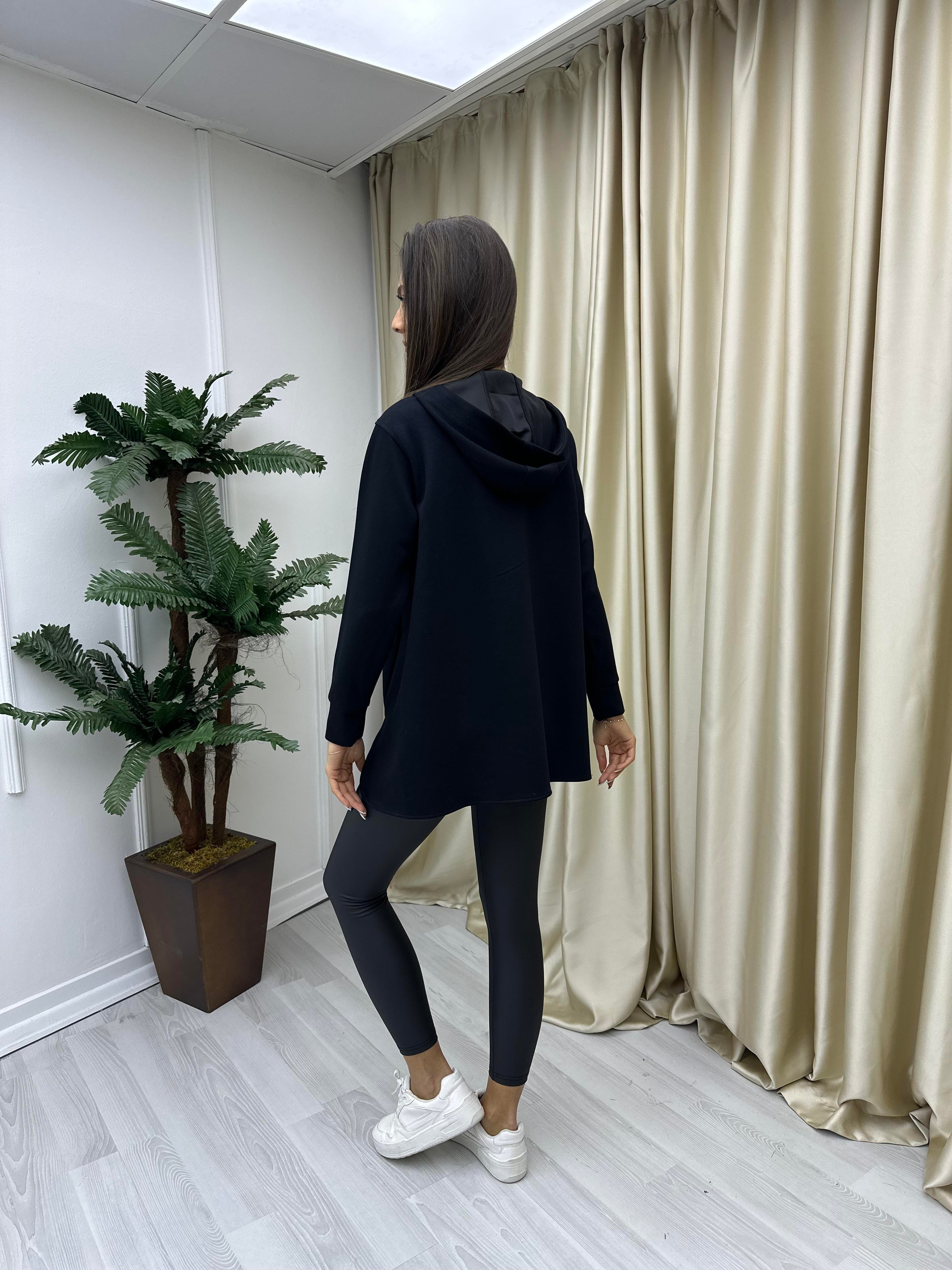 Dik Yaka Kapişonlu Modal Sweat Siyah