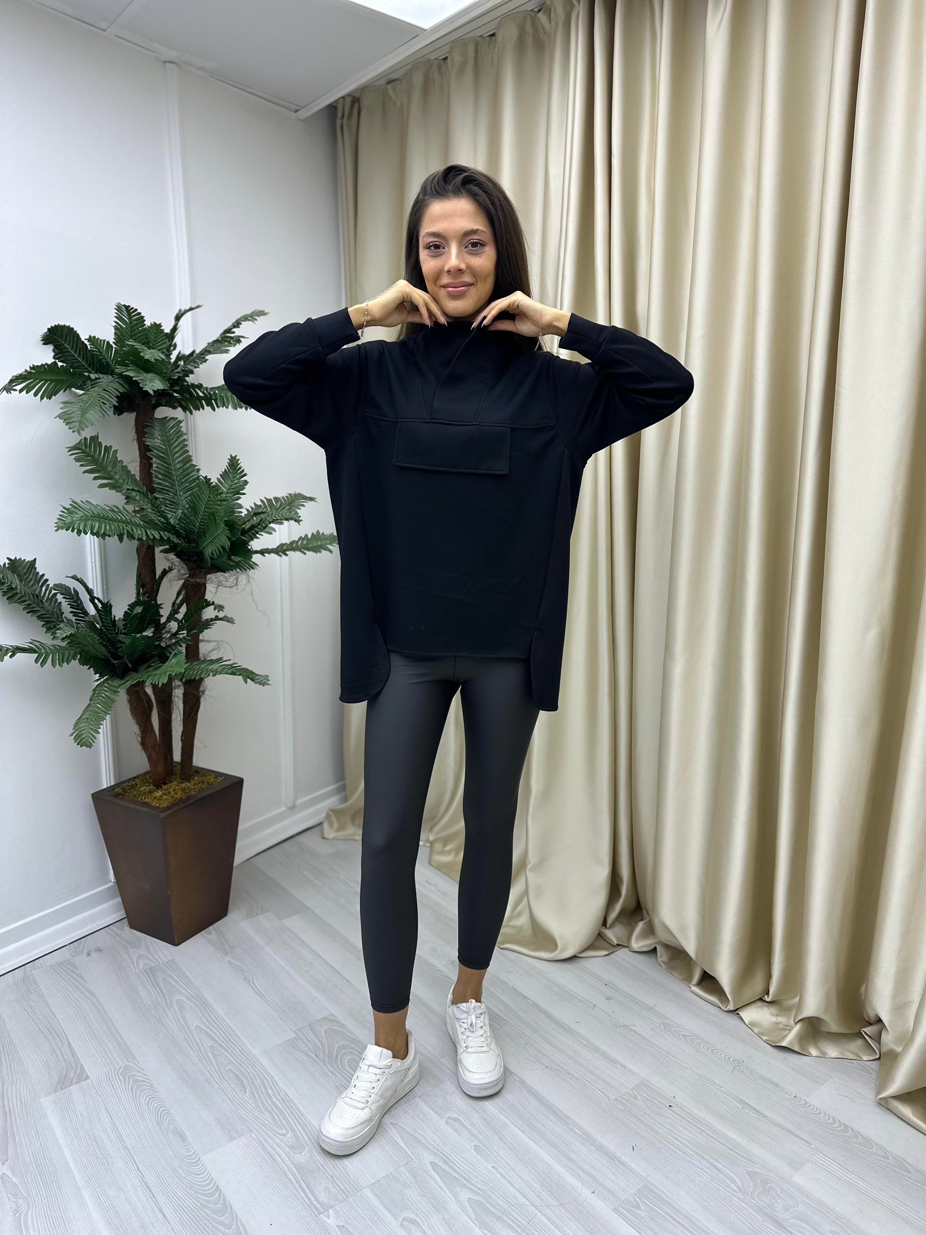 Dik Yaka Kapişonlu Modal Sweat Siyah