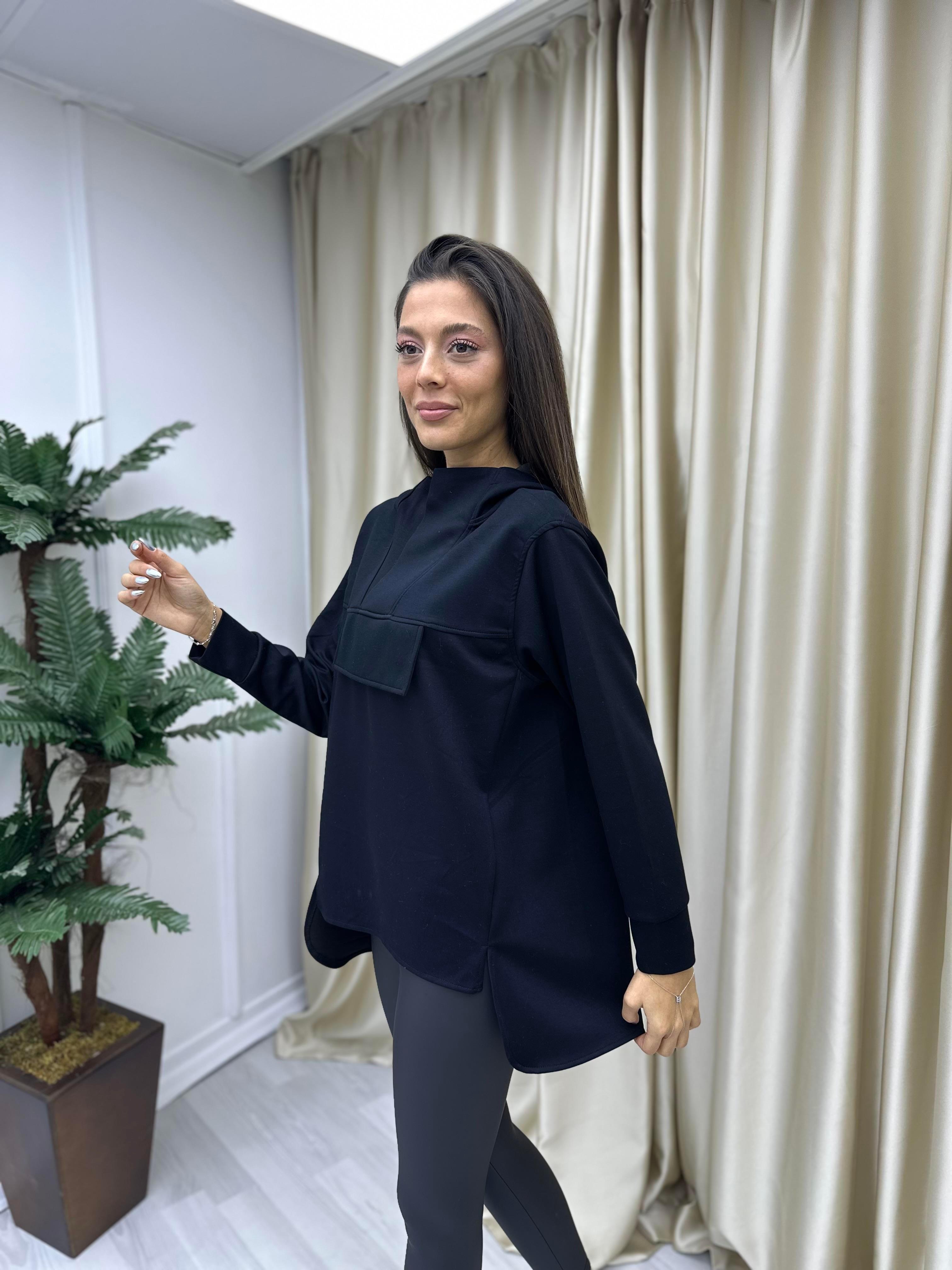 Dik Yaka Kapişonlu Modal Sweat Siyah