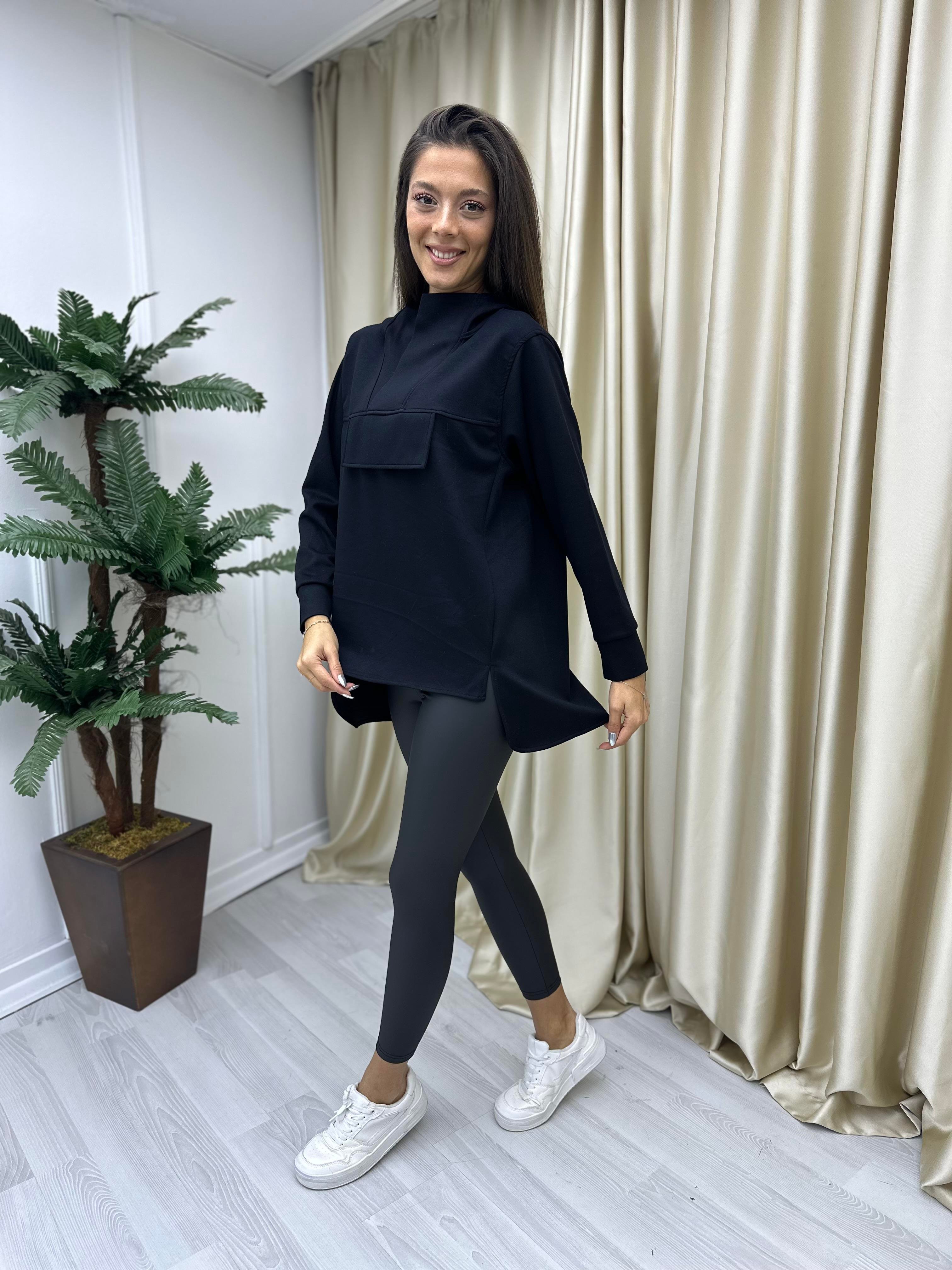 Dik Yaka Kapişonlu Modal Sweat Siyah