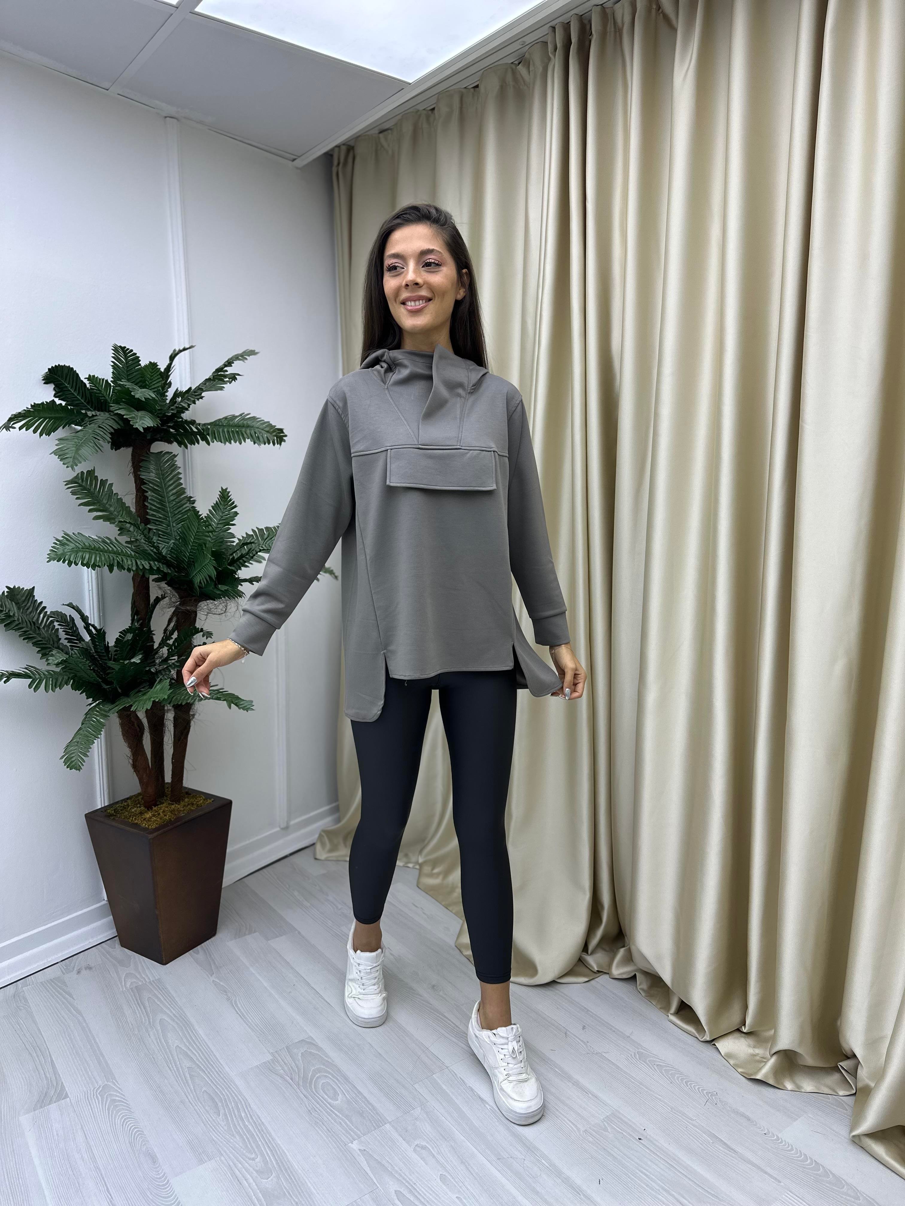 Dik Yaka Kapişonlu Modal Sweat Vizon
