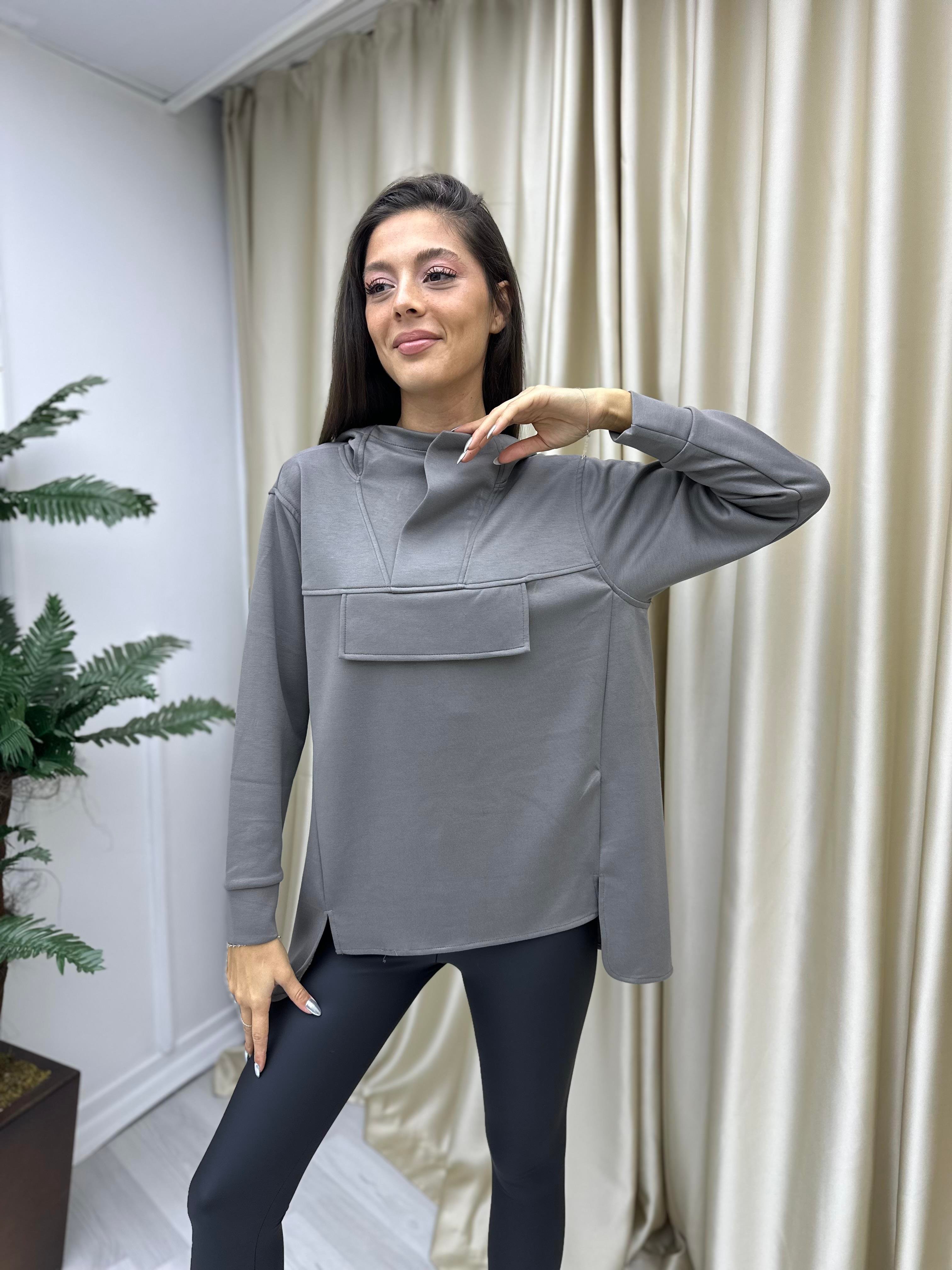 Dik Yaka Kapişonlu Modal Sweat Vizon