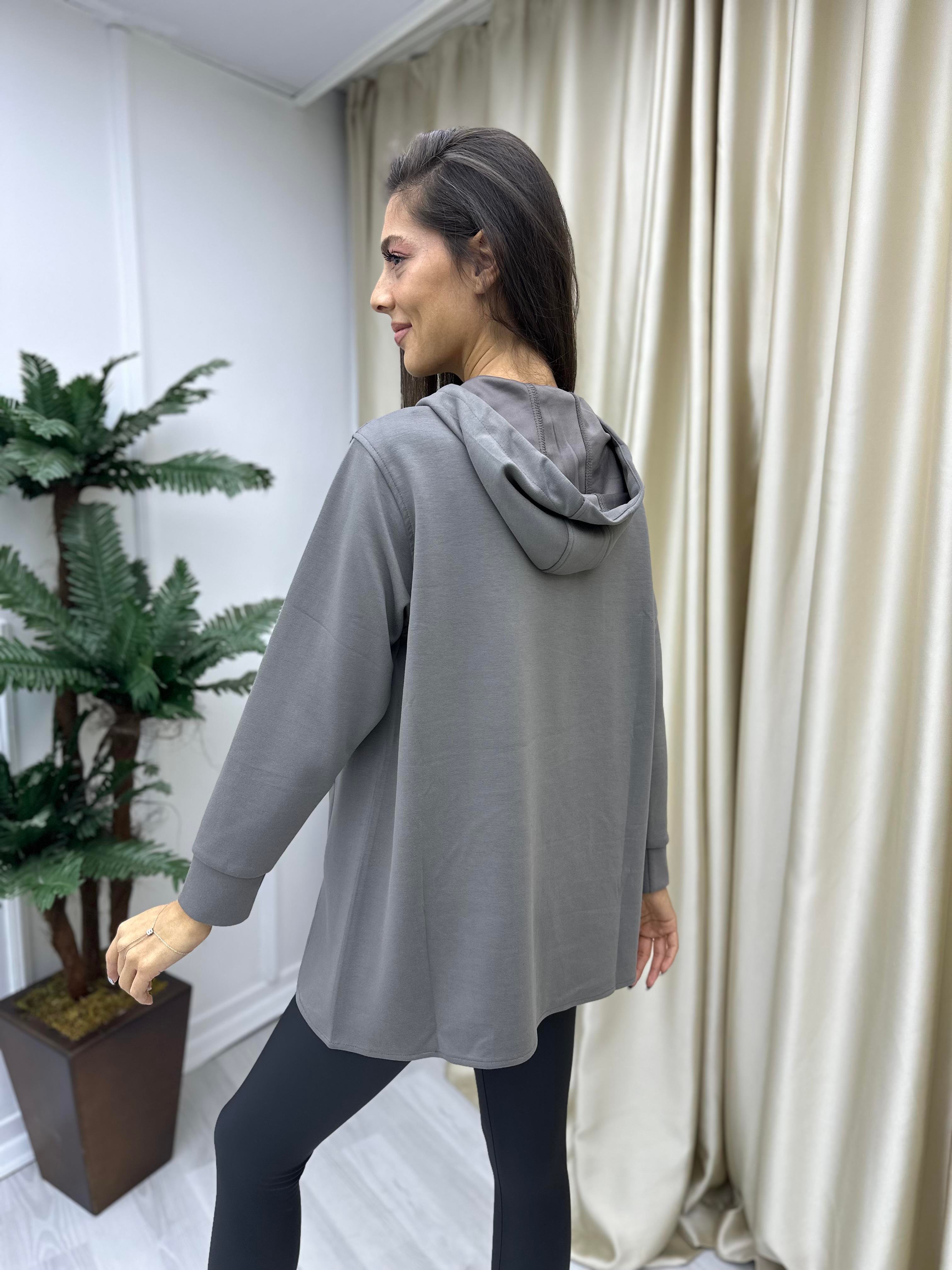 Dik Yaka Kapişonlu Modal Sweat Vizon