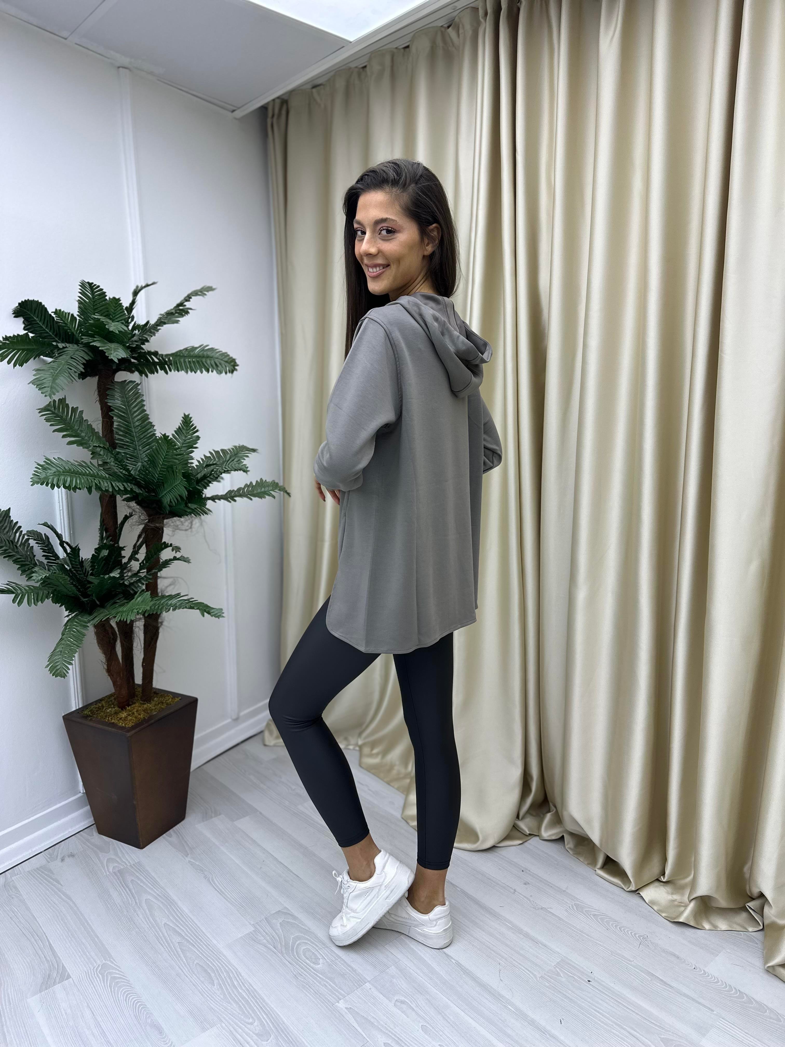 Dik Yaka Kapişonlu Modal Sweat Vizon