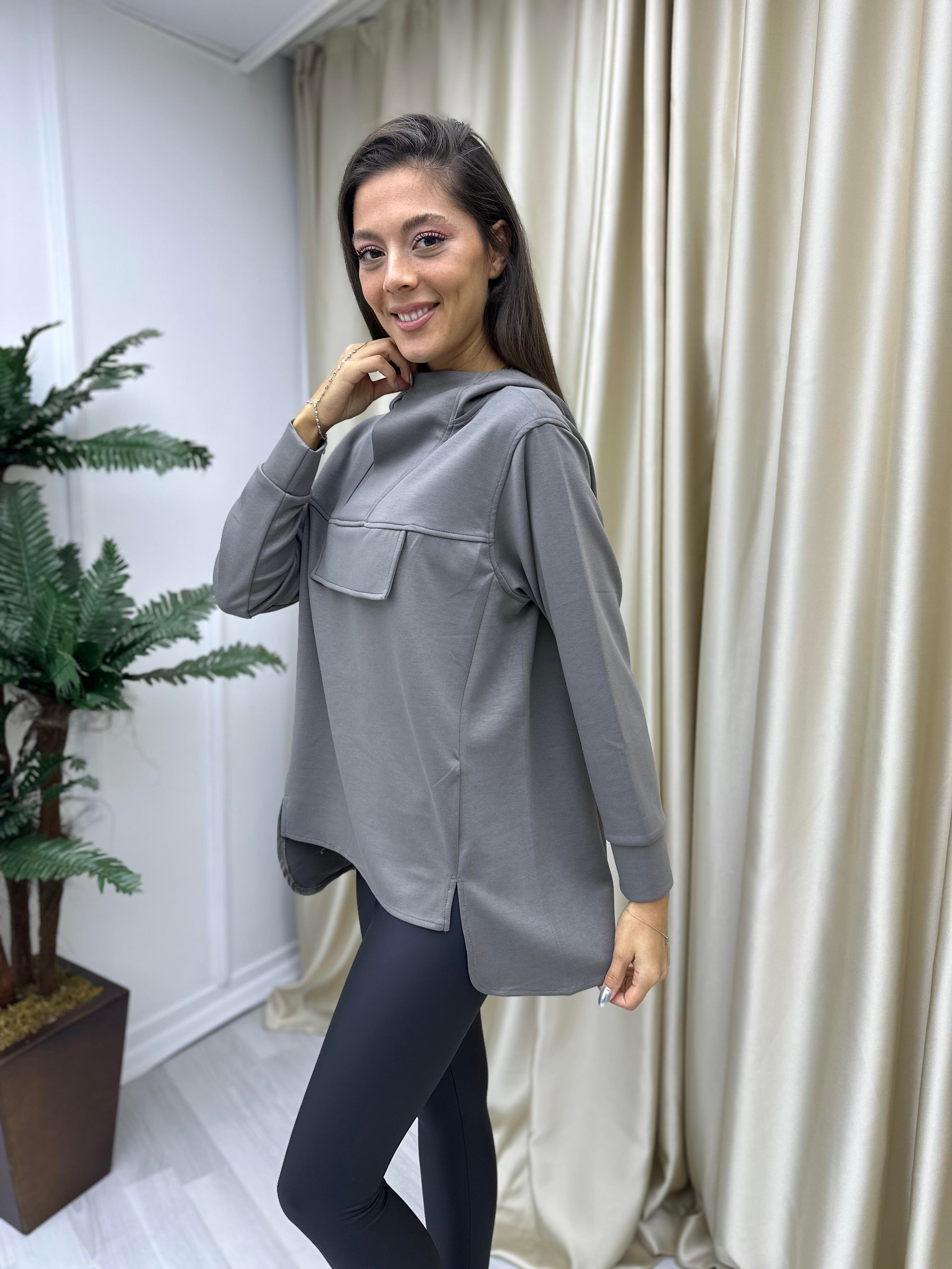 Dik Yaka Kapişonlu Modal Sweat Vizon
