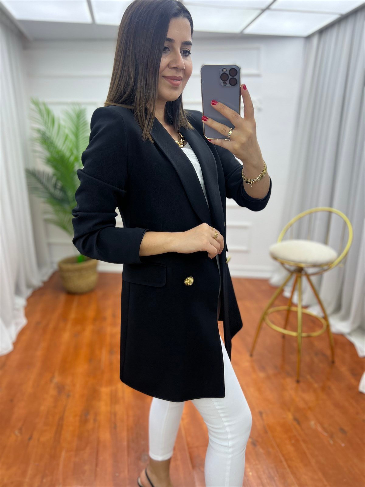 Dört Düğme Fitilli Doku Ottoman Blazer Ceket Siyah