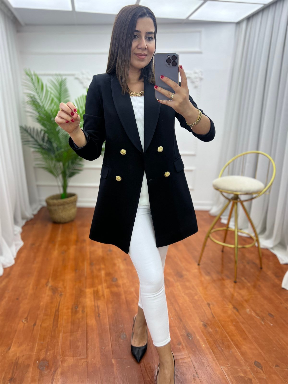 Dört Düğme Fitilli Doku Ottoman Blazer Ceket Siyah
