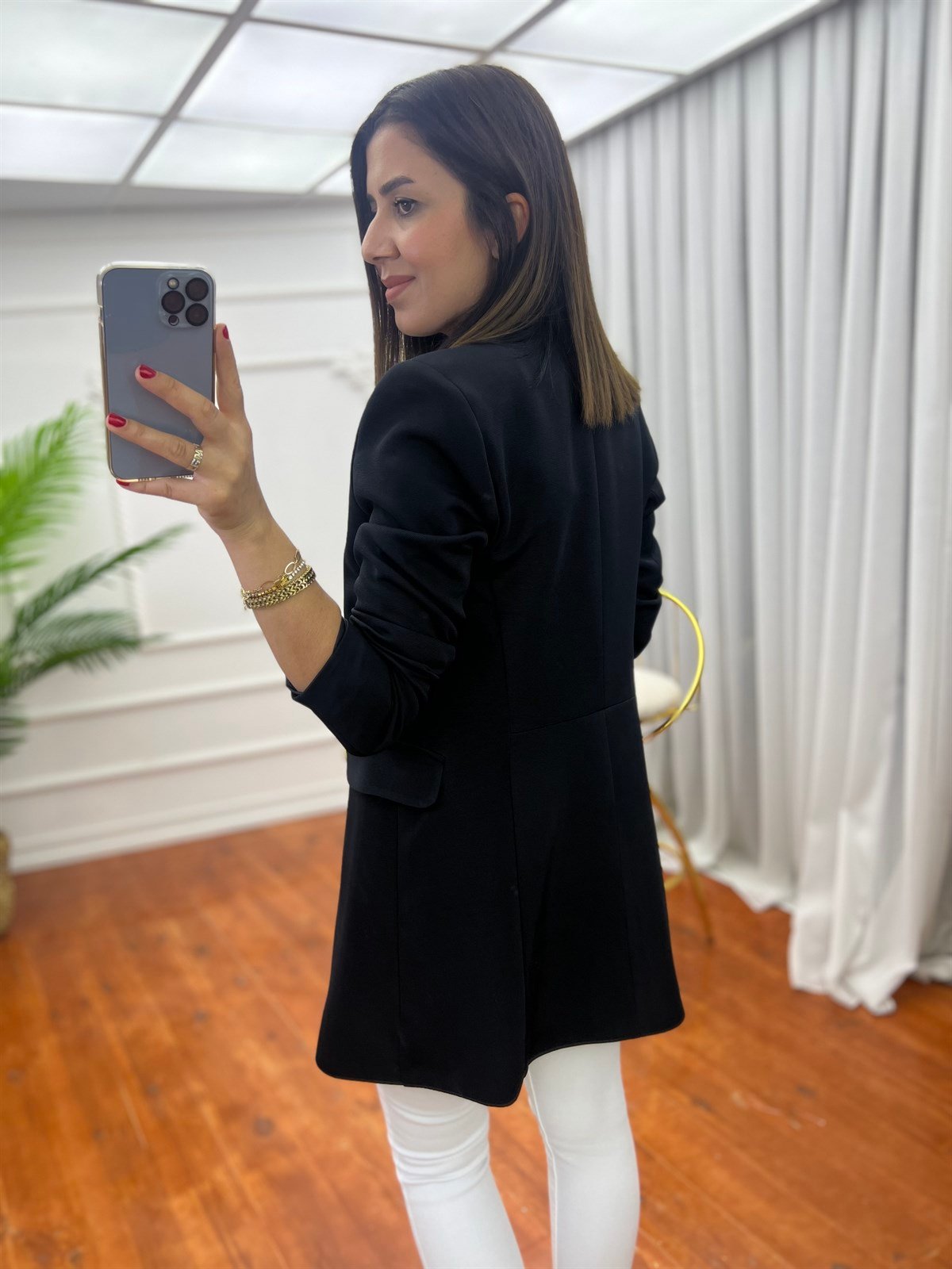 Dört Düğme Fitilli Doku Ottoman Blazer Ceket Siyah