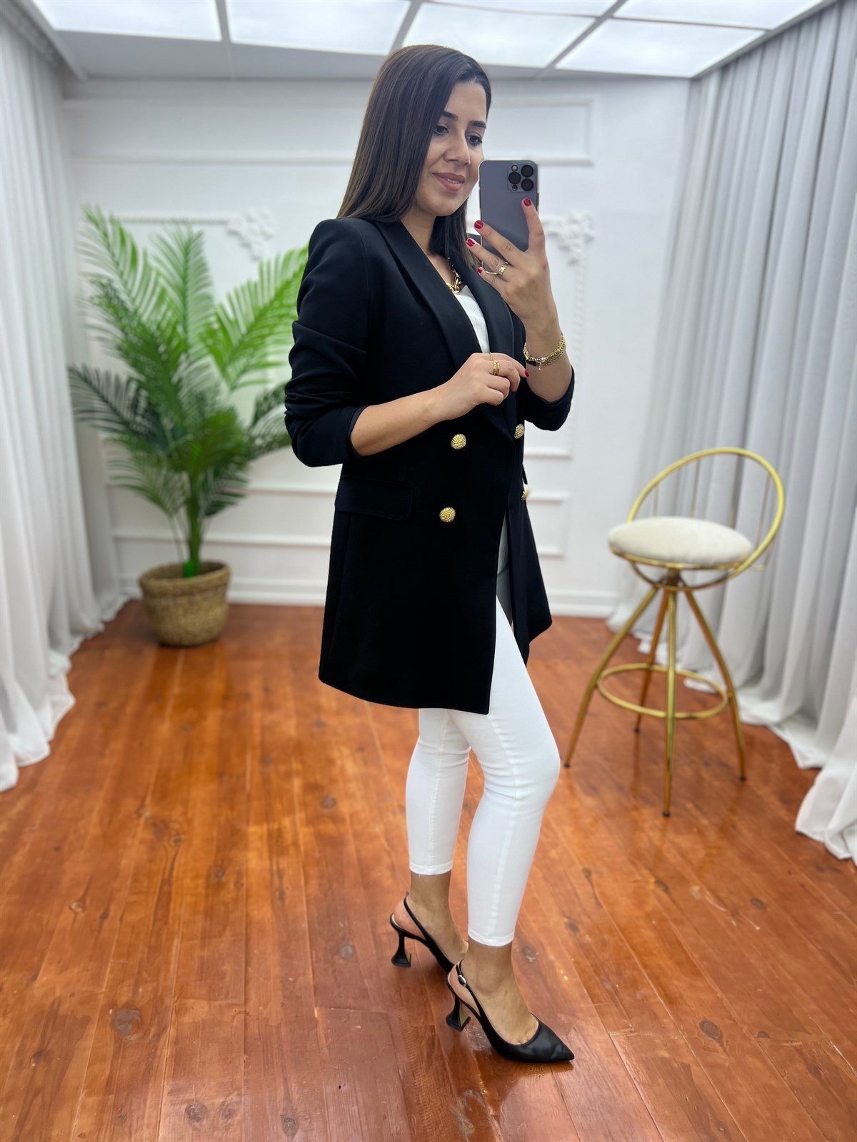 Dört Düğme Fitilli Doku Ottoman Blazer Ceket Siyah