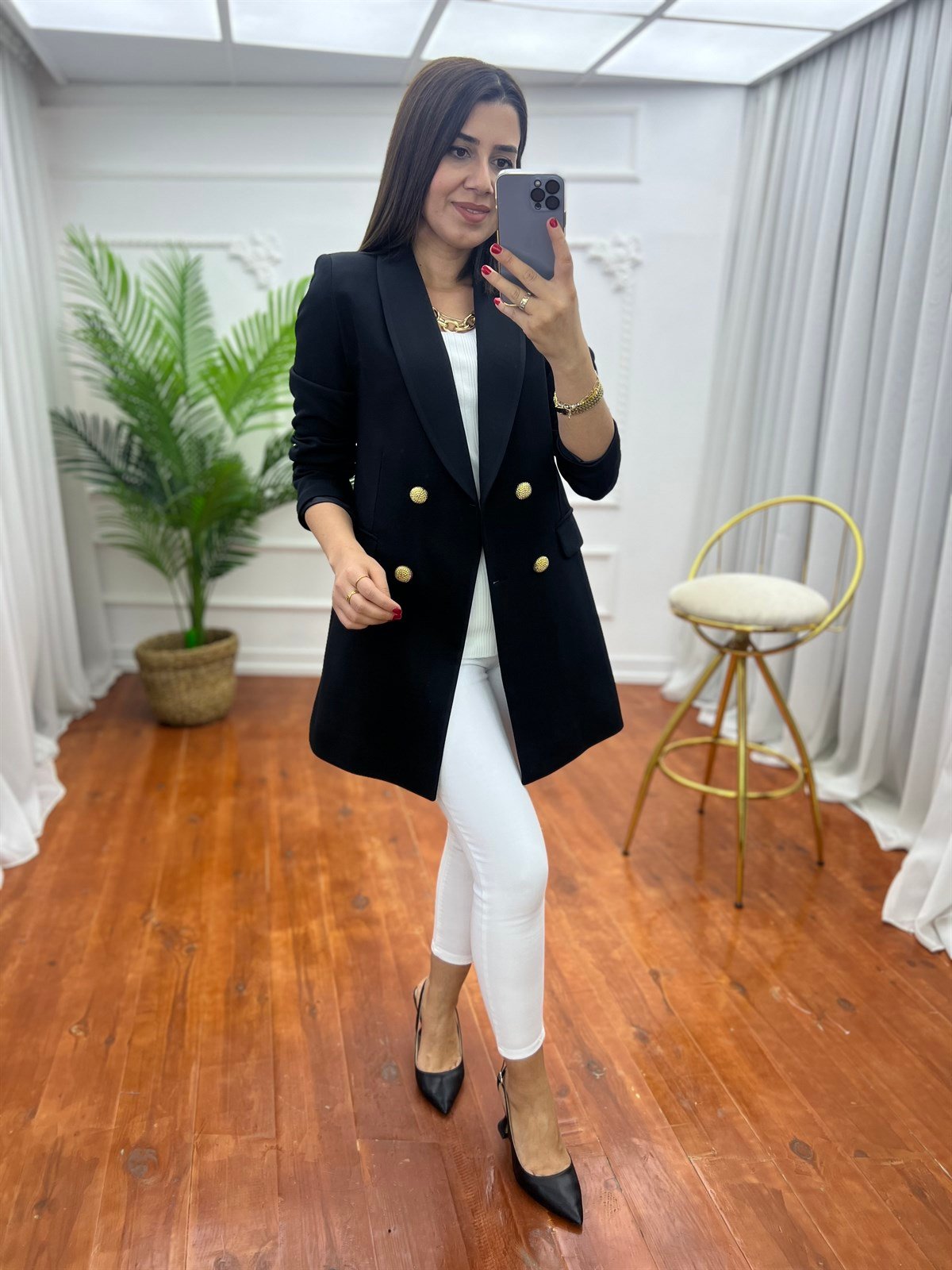 Dört Düğme Fitilli Doku Ottoman Blazer Ceket Siyah