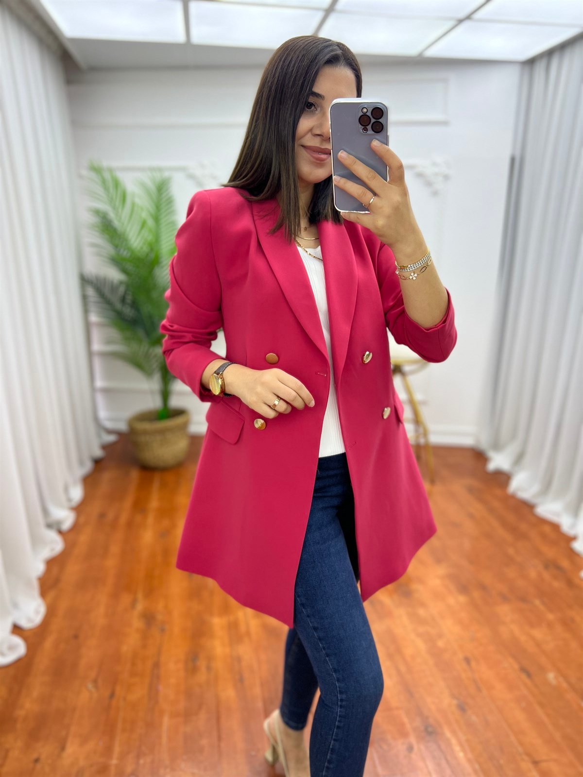 Dört Düğmeli Atlas Blazer Ceket Fuşya